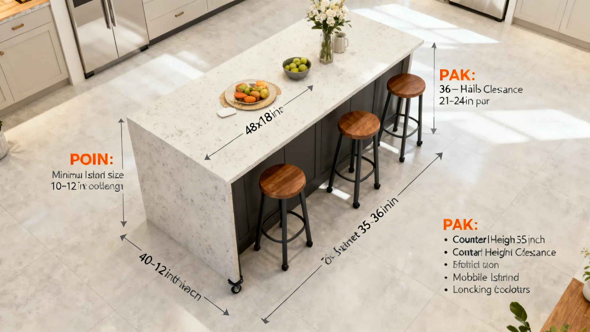 Top-down guide visuals for minimum island size, clearances, seating spacing, height, and caster locks.