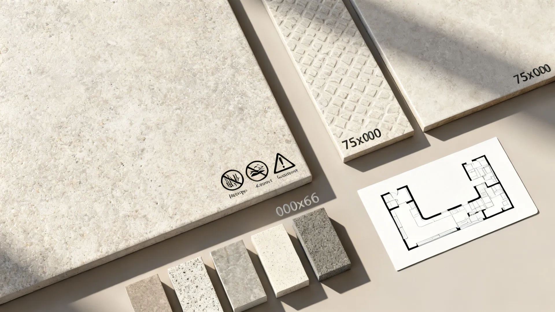 Top-down view of tile samples, grout options, sizes, and a U-shaped layout card for kitchen planning.