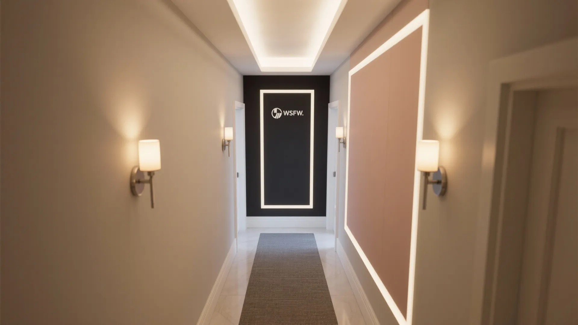 Modern hallway with grey rug white wall light fixtures and black wall with logo panel