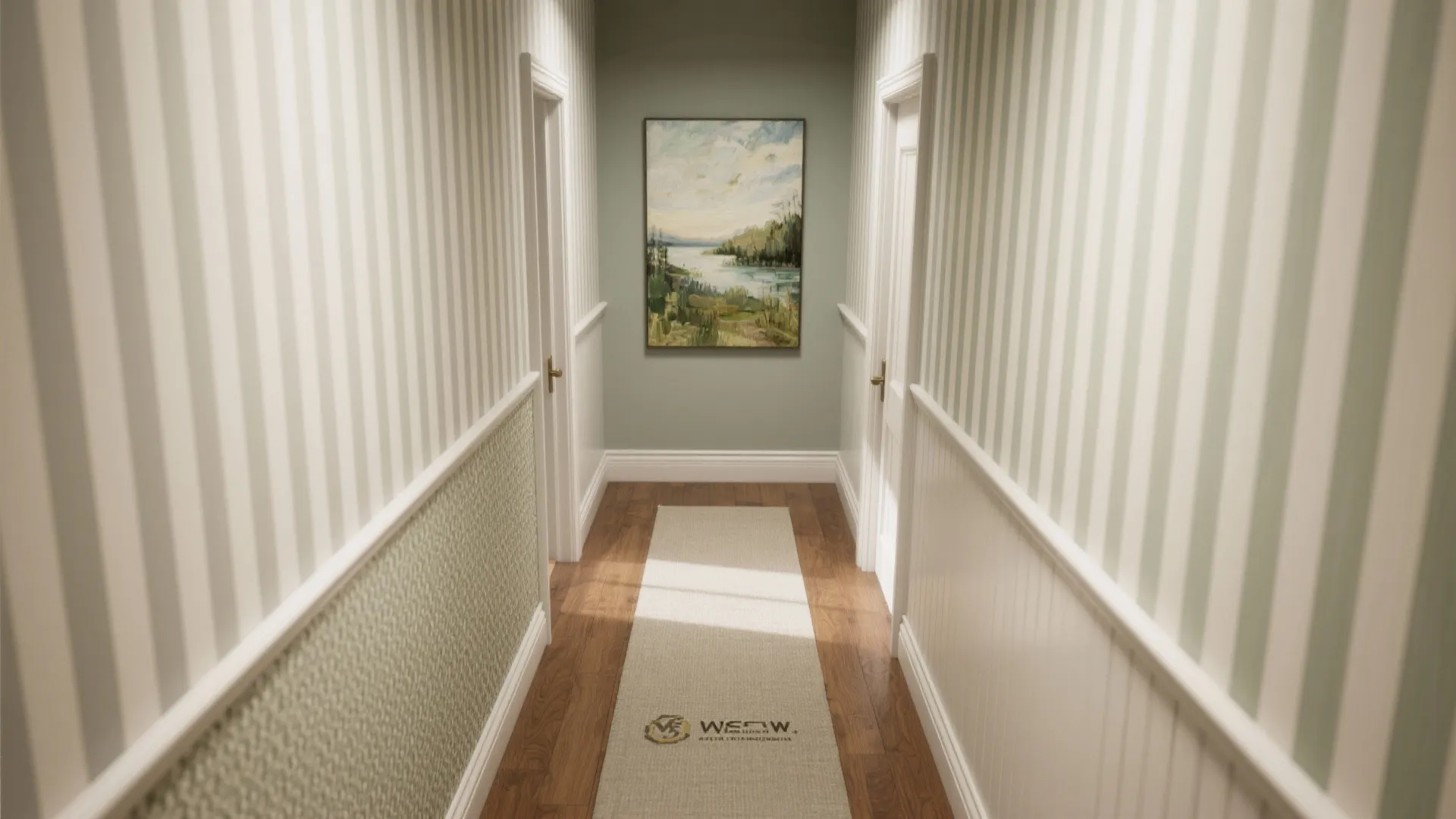 Long hallway with striped wallpaper green painted wall painting at end and white wall panel