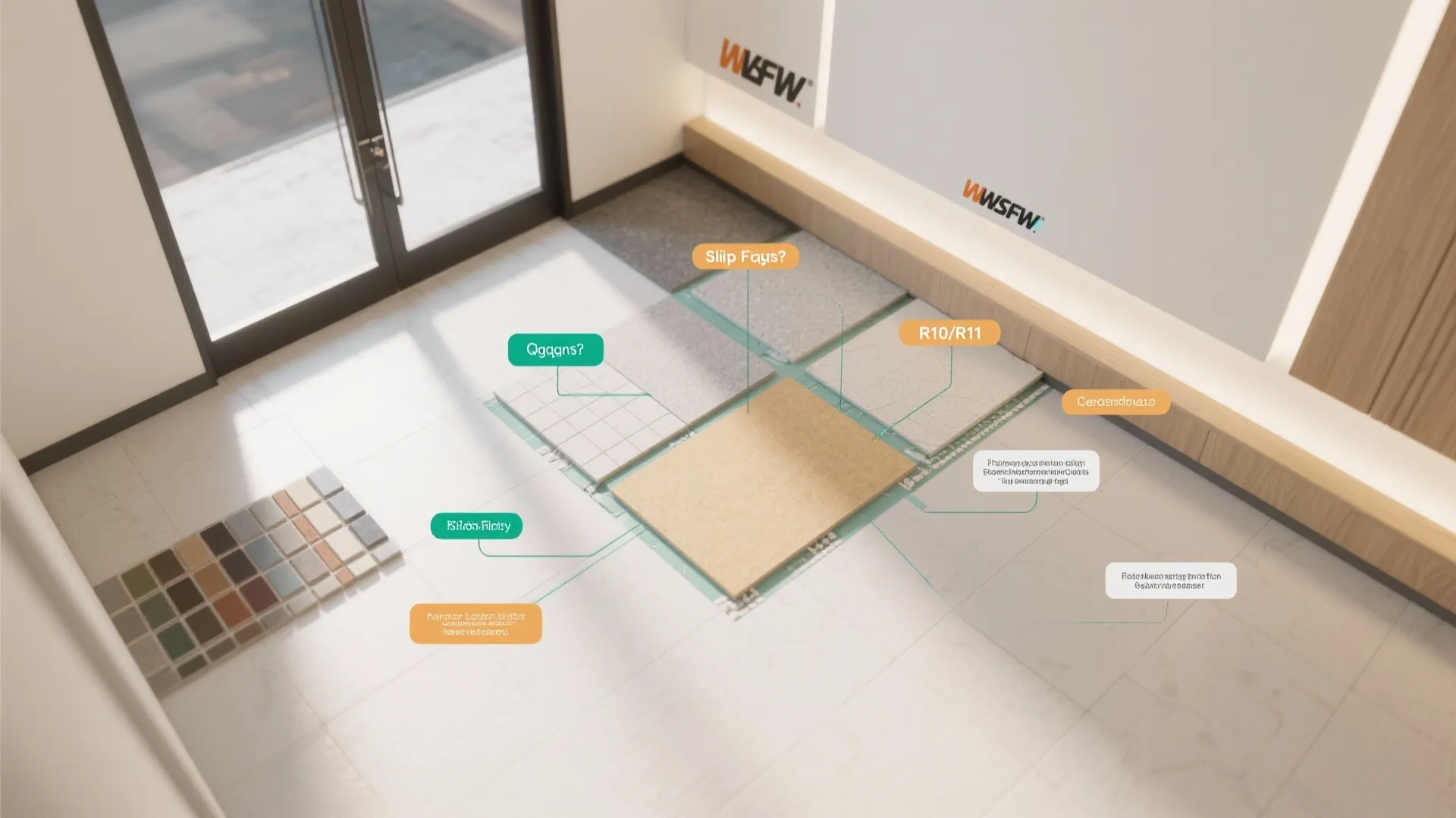 Infographic-style top-down layout showing slip-rated finishes, prep steps, grout samples, and wall-floor continuity.
