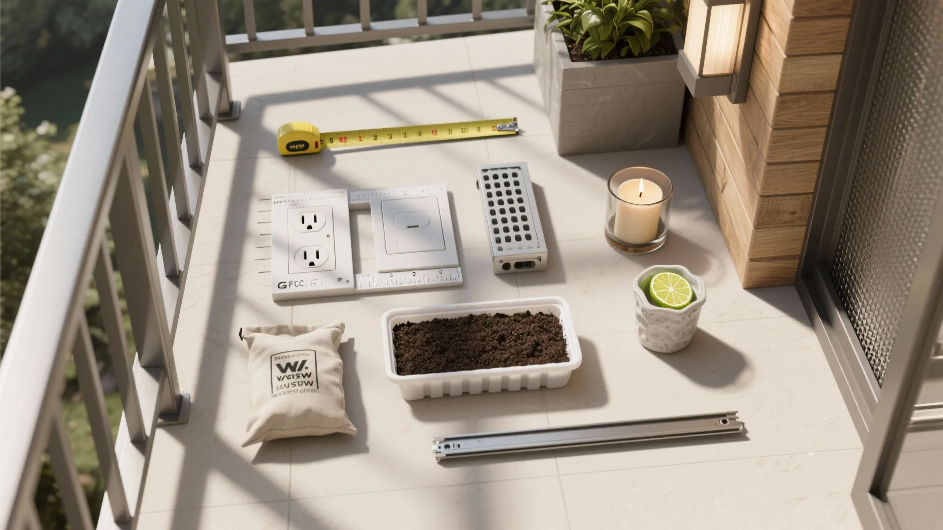 Top view of balcony floor with measuring tape power outlet candle soil and small tools