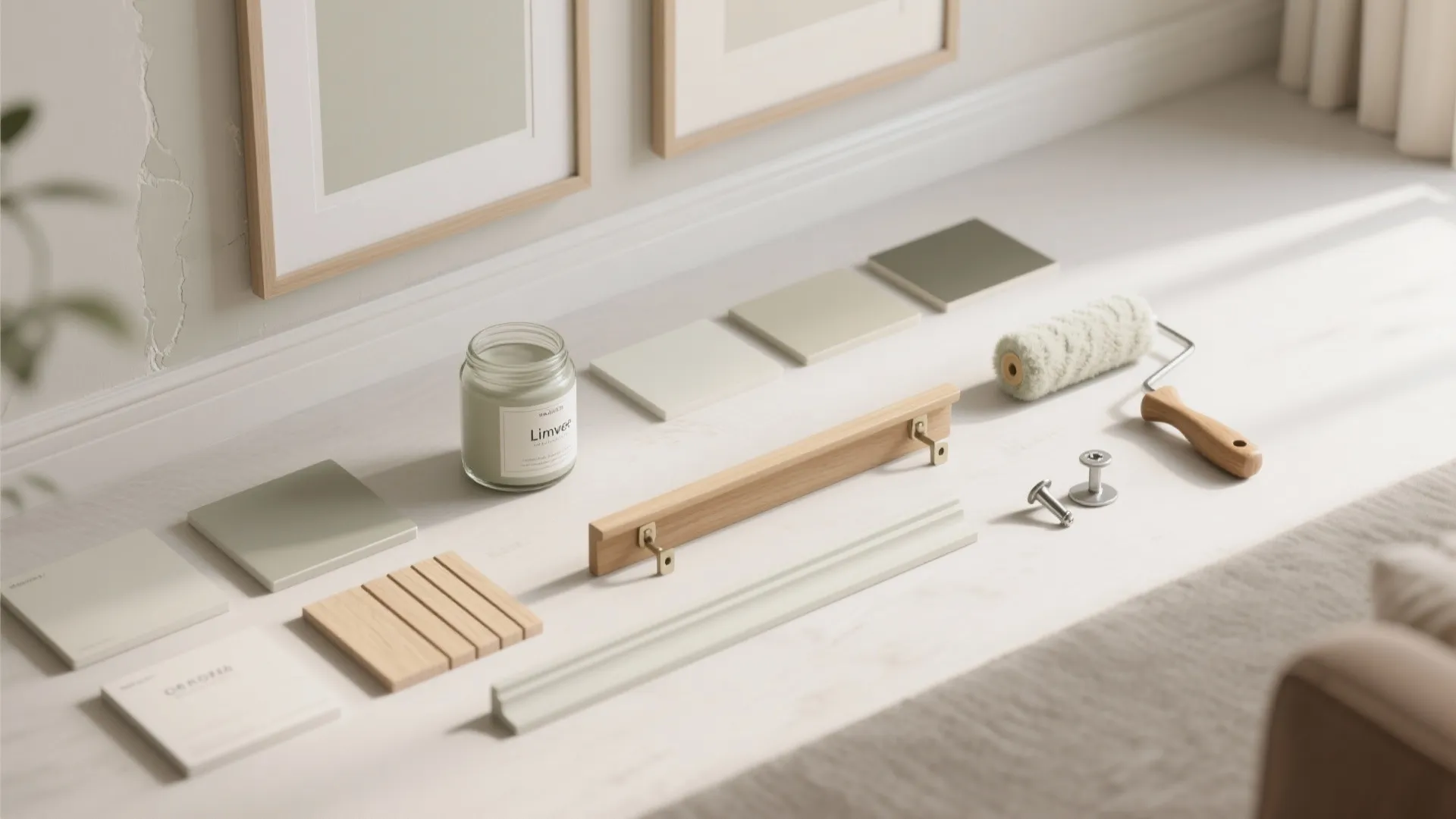 Interior design materials including green paint jar color swatches wood samples and a small paint roller