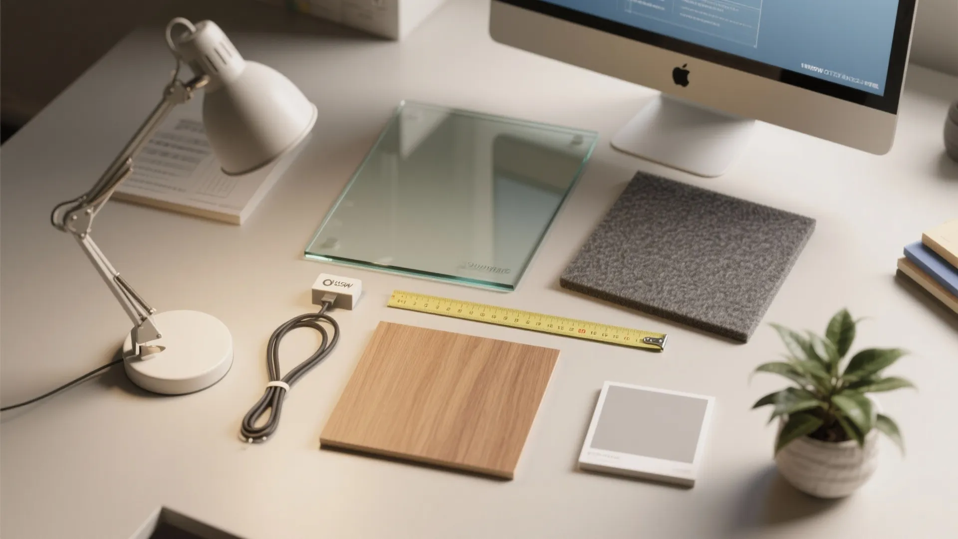 White desk featuring lamp, computer monitor, glass tile, wood sample, yellow ruler, and small plant