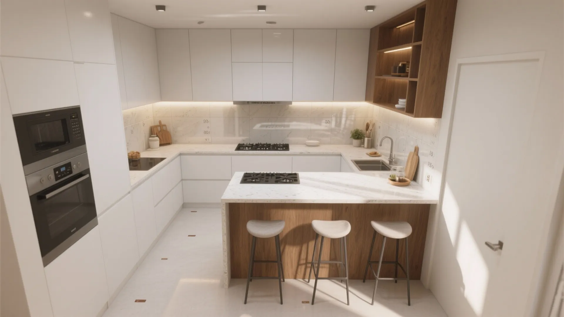 Top-down compact kitchen with translucent movement zones, stool clearance, and a reflective backsplash plane.