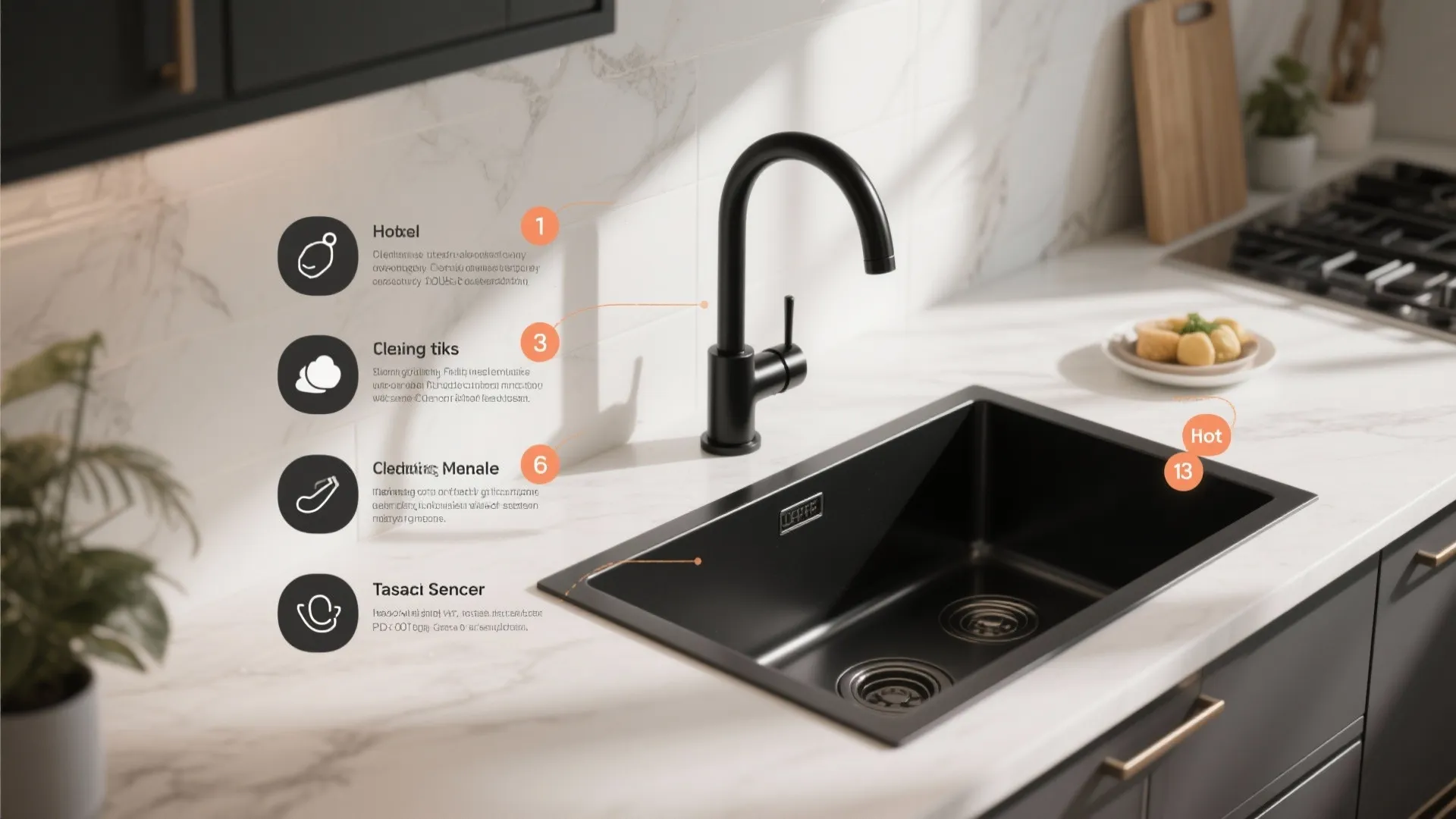 Modern kitchen with black sink black water tap marble countertop and detailed feature description labels