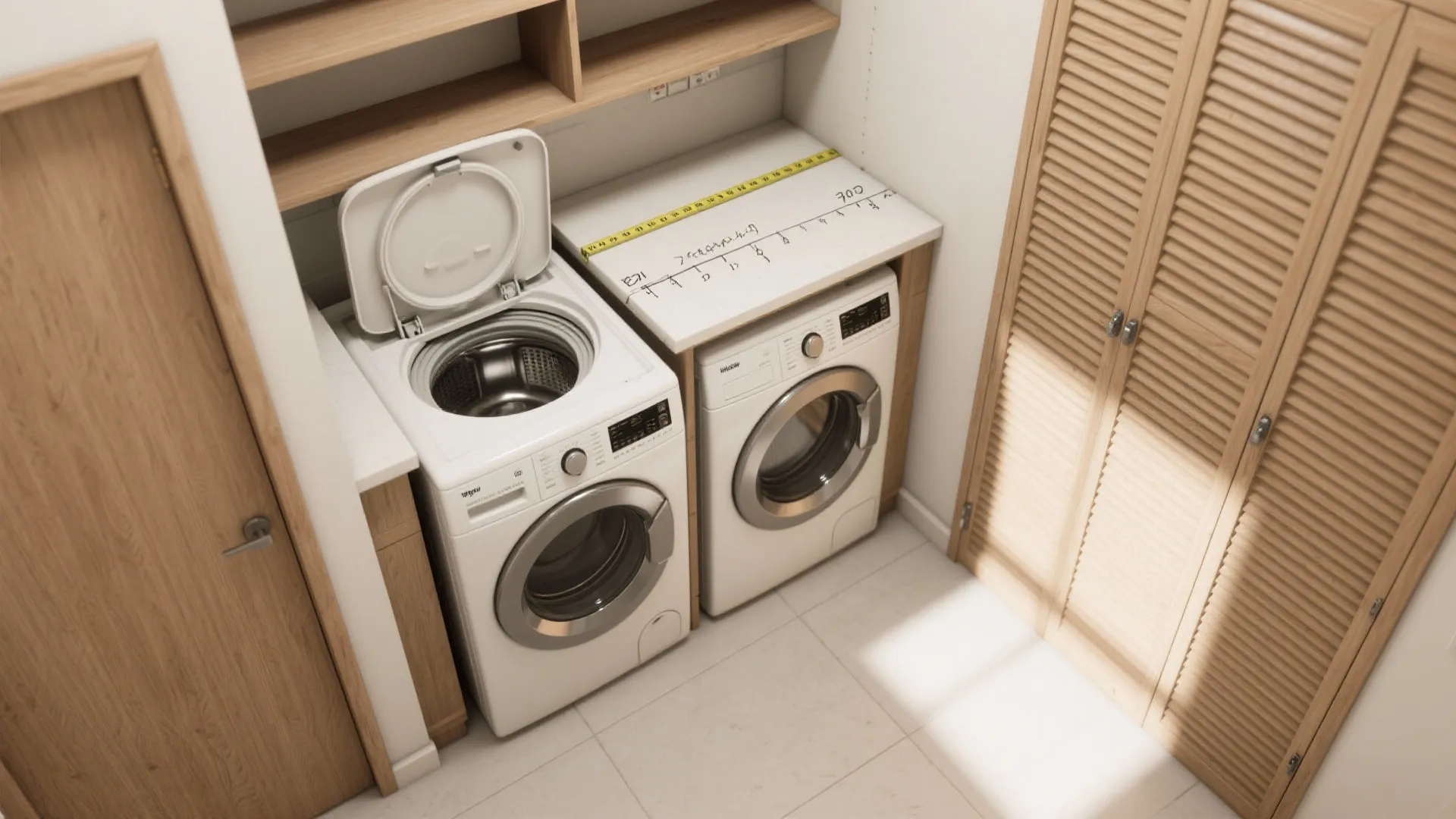 Top-down view of compact laundry layout showing lid clearance and clear aisle