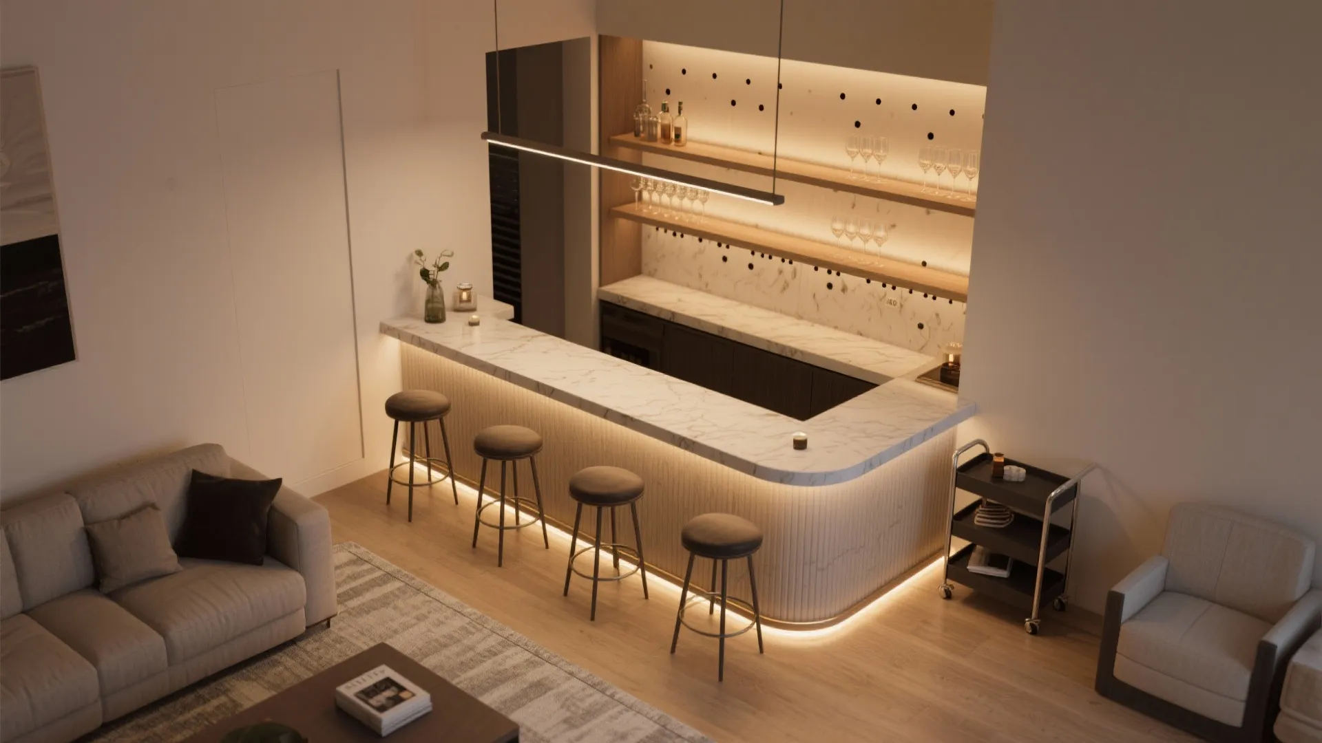 Top view of a modern living room with marble bar counter stools and soft lighting