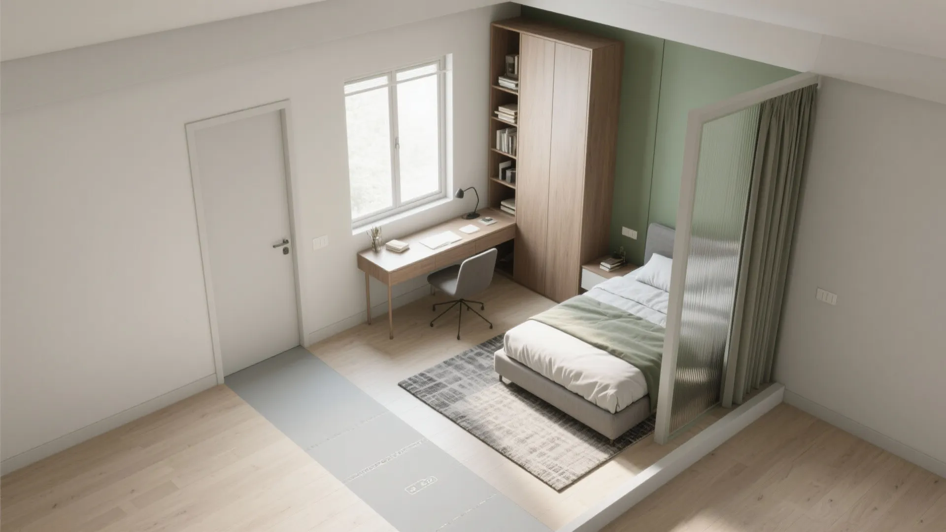 Top-down layout showing desk near window, clear path to bed, vertical storage, and a soft partition zoning the study area.