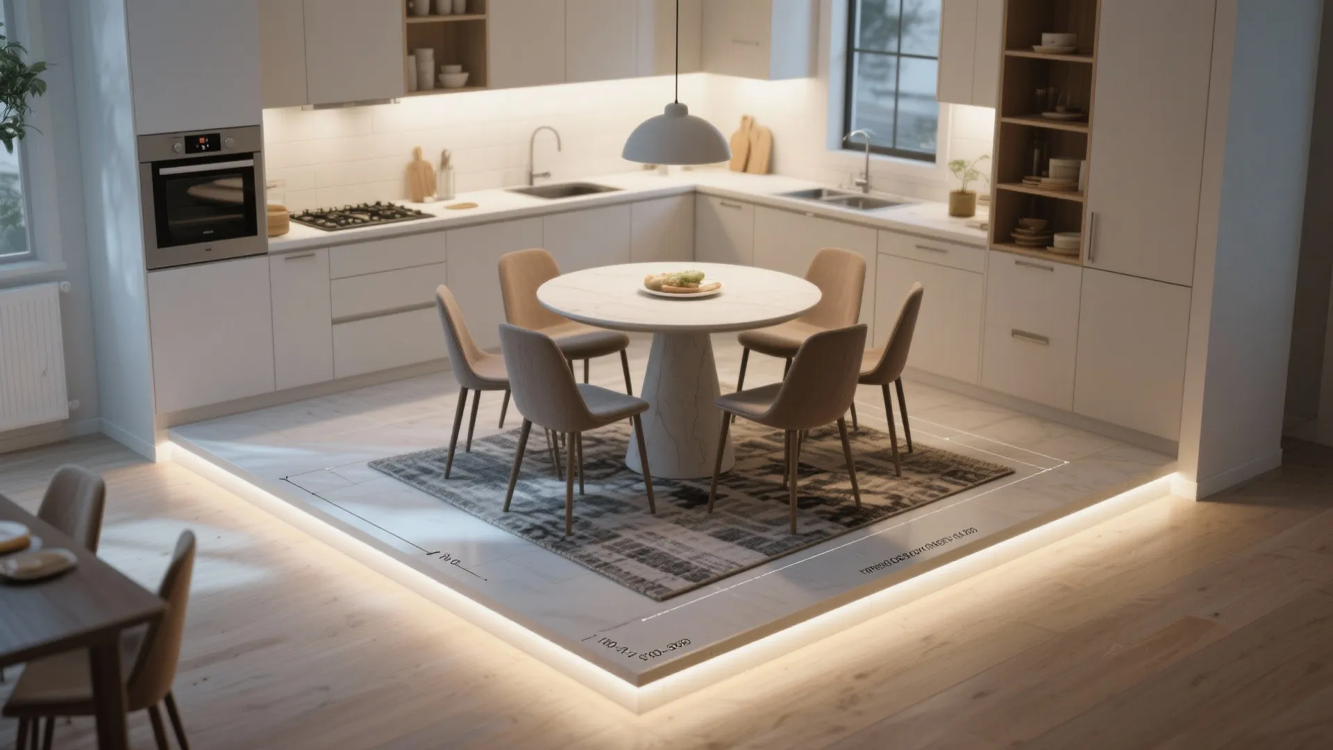 Modern white kitchen with round dining table four chairs and grey rug on wood floor