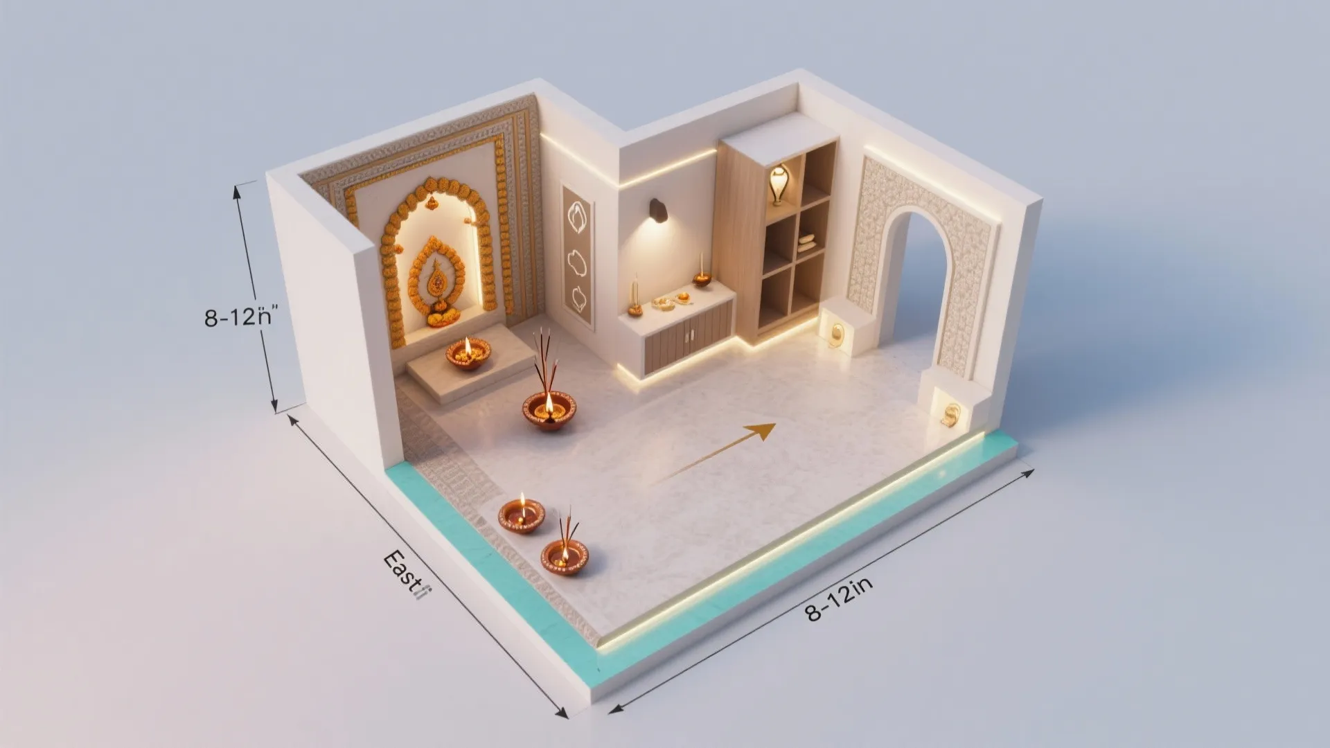 Top-down compact pooja layout showing shallow depths, storage, orientation, and layered lighting.