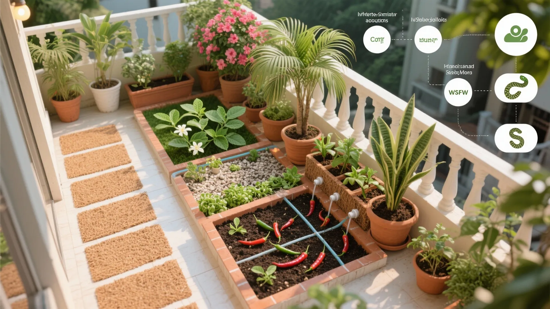 Top-down of Chennai balcony showing plant zones, drip irrigation, soil mix, and edible section.
