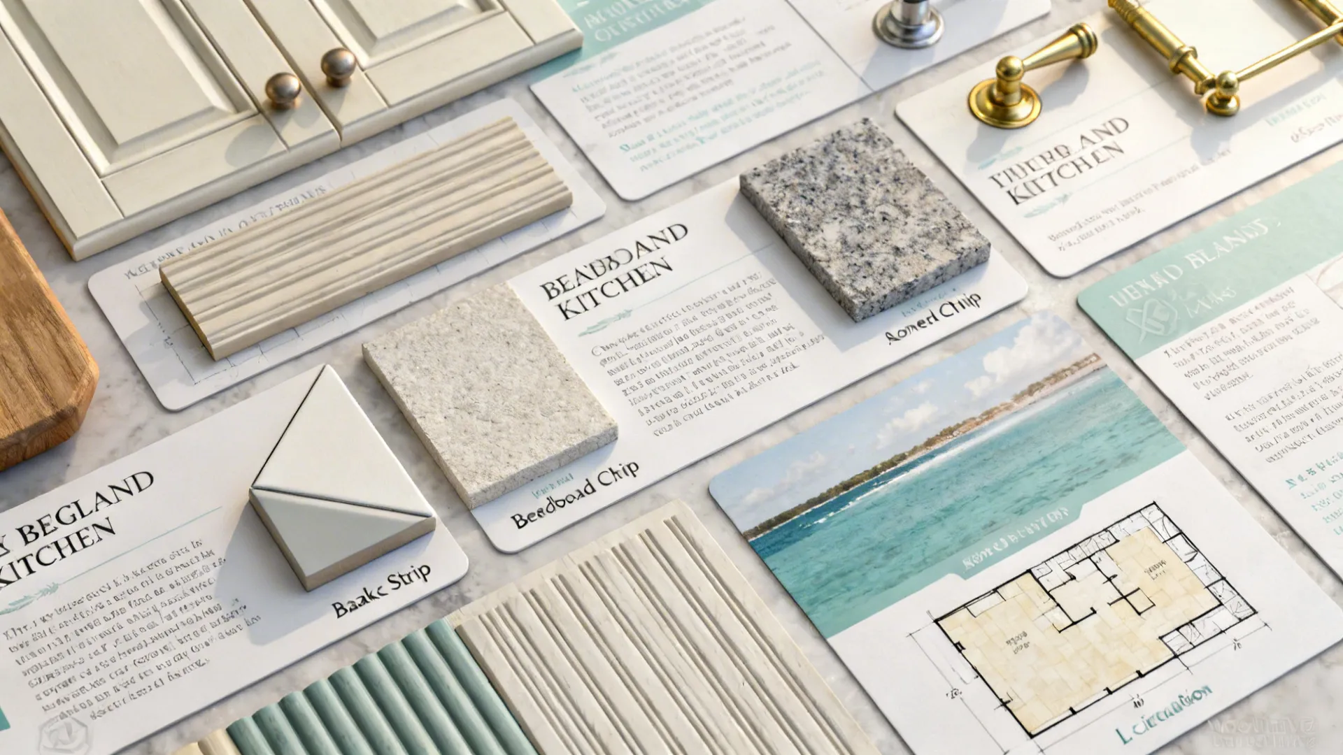 Top-down layout with samples and a small plan sketch answering New England kitchen FAQs.