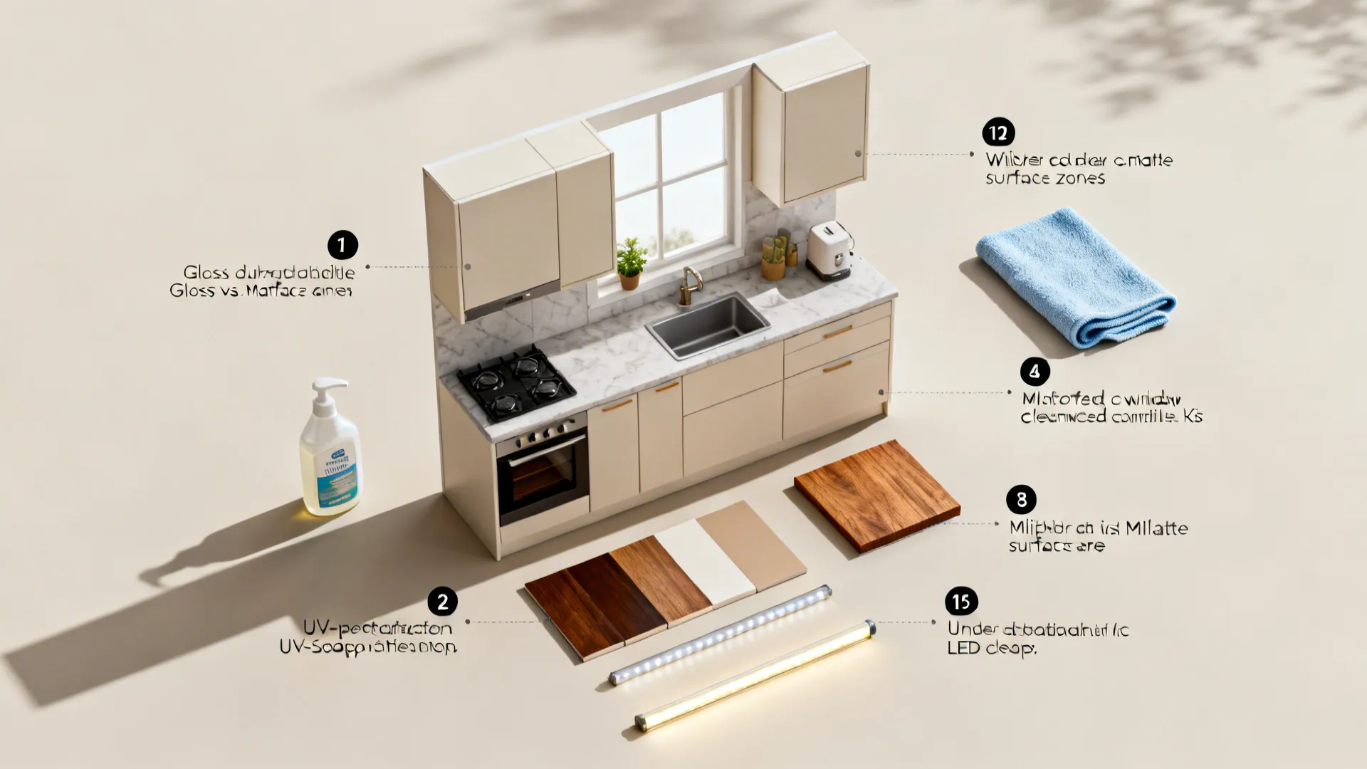 Top-down layout showing acrylic cabinet samples, cleaning tools, LEDs, and UV window film cues.