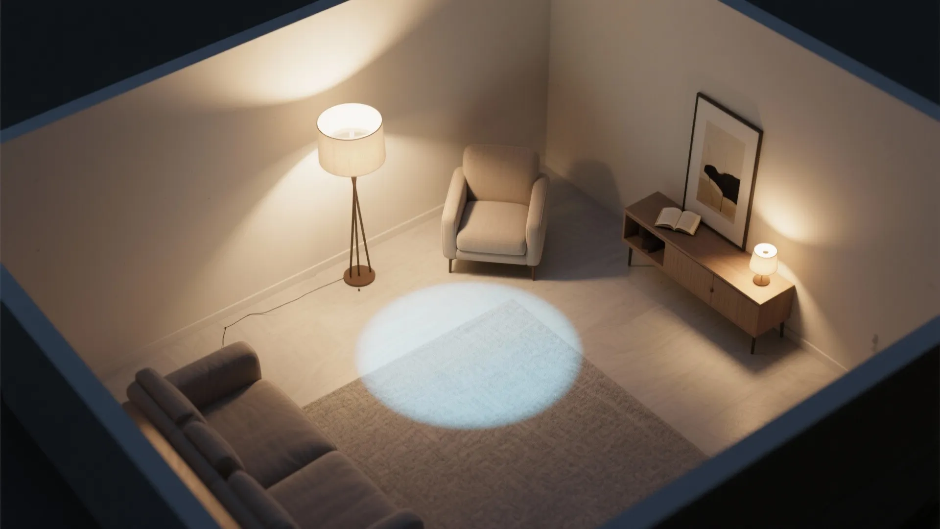 Top-down layout showing ambient, task, and accent lamp placement in a small living room
