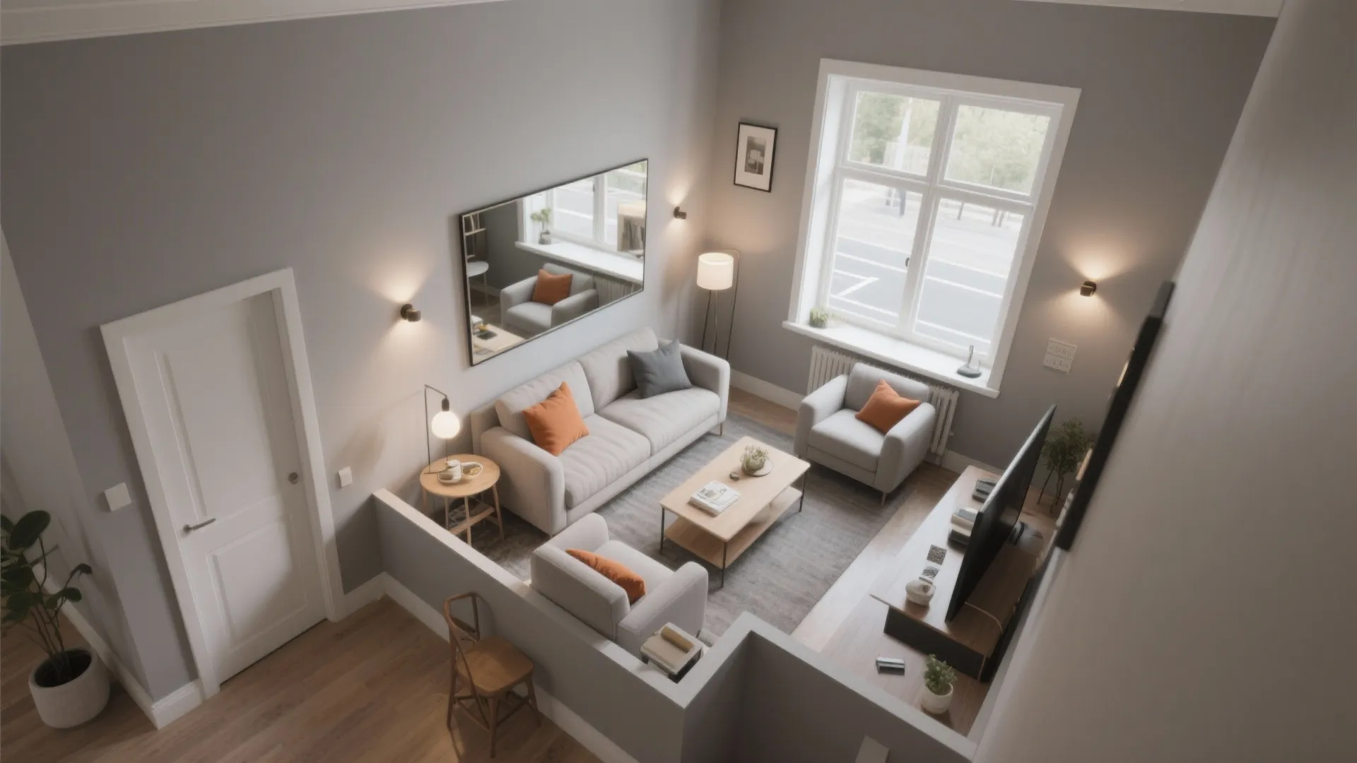 High angle view of modern living room with grey walls white sofa and wooden coffee table