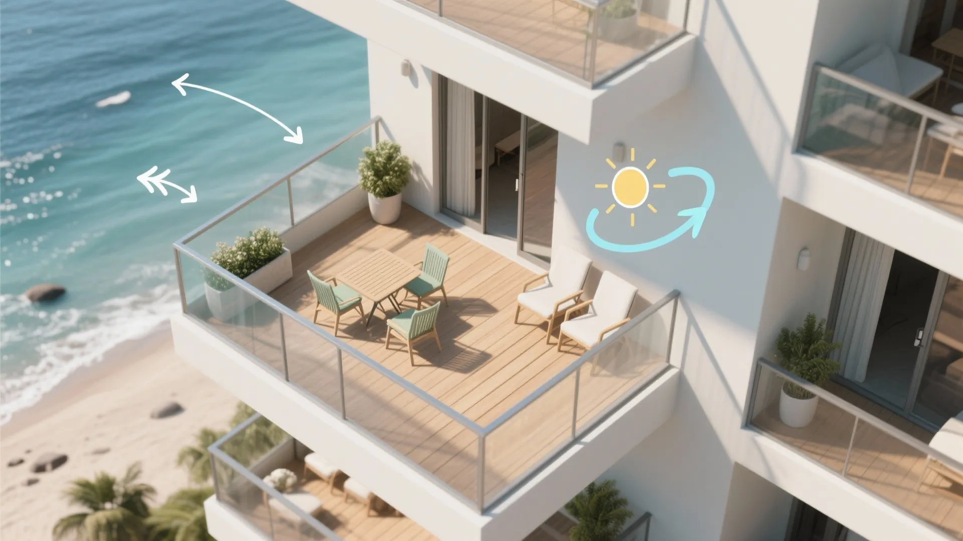 Top down interior design drawing of a white balcony with table chairs and ocean view