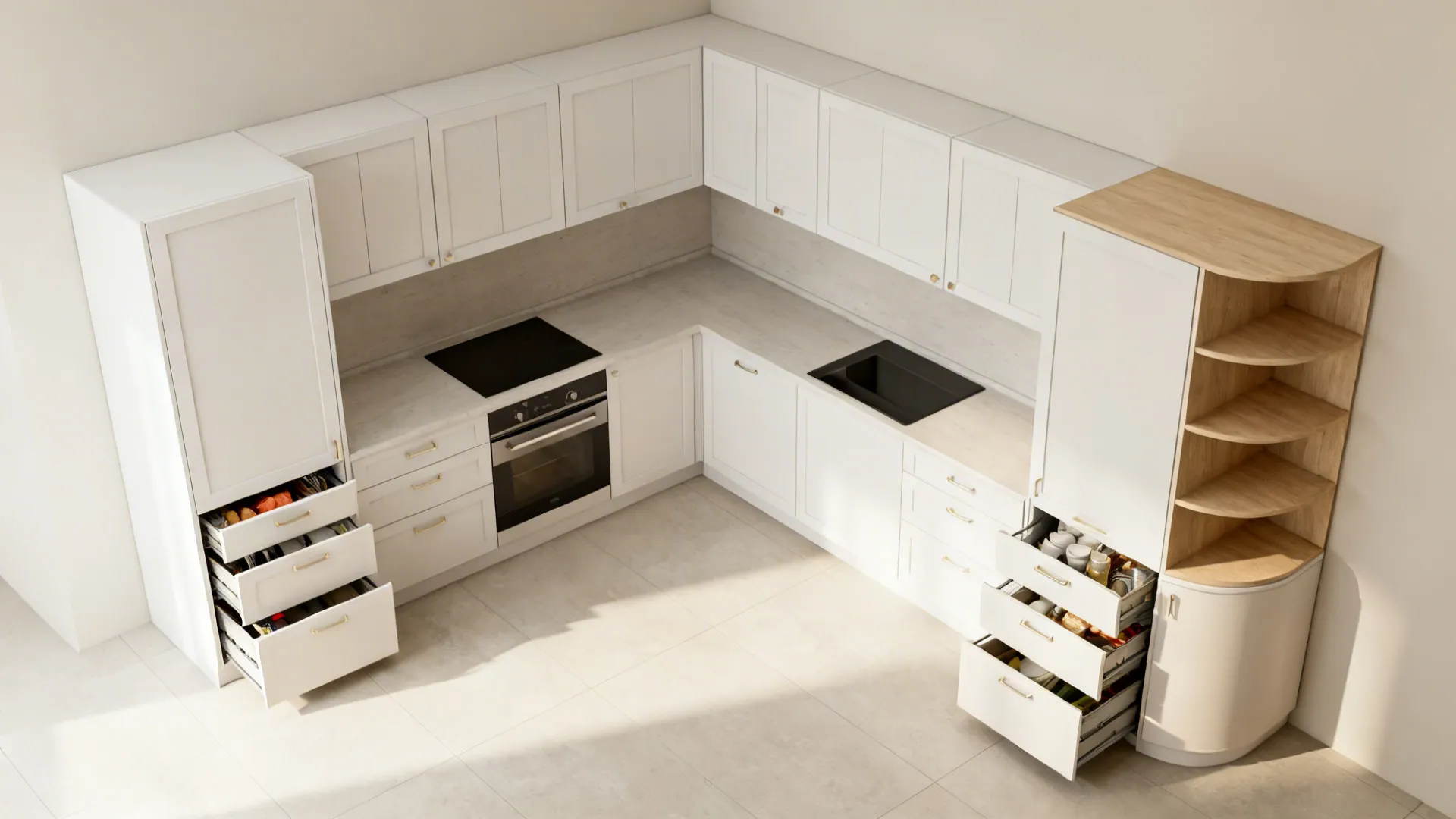 Top-down view illustrating small kitchen modules like pull-outs, tall pantry, and compact drawers.