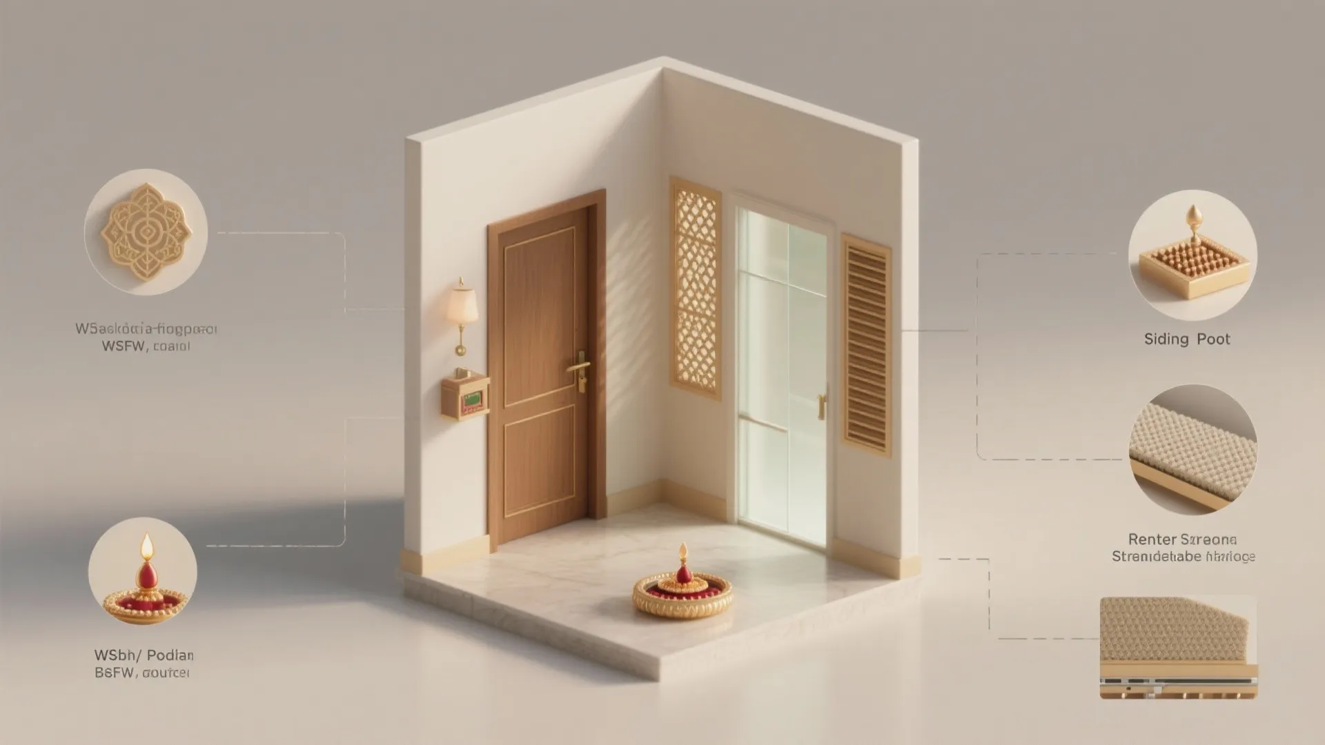 Small room model showing door and wall light with detailed labels for various design parts