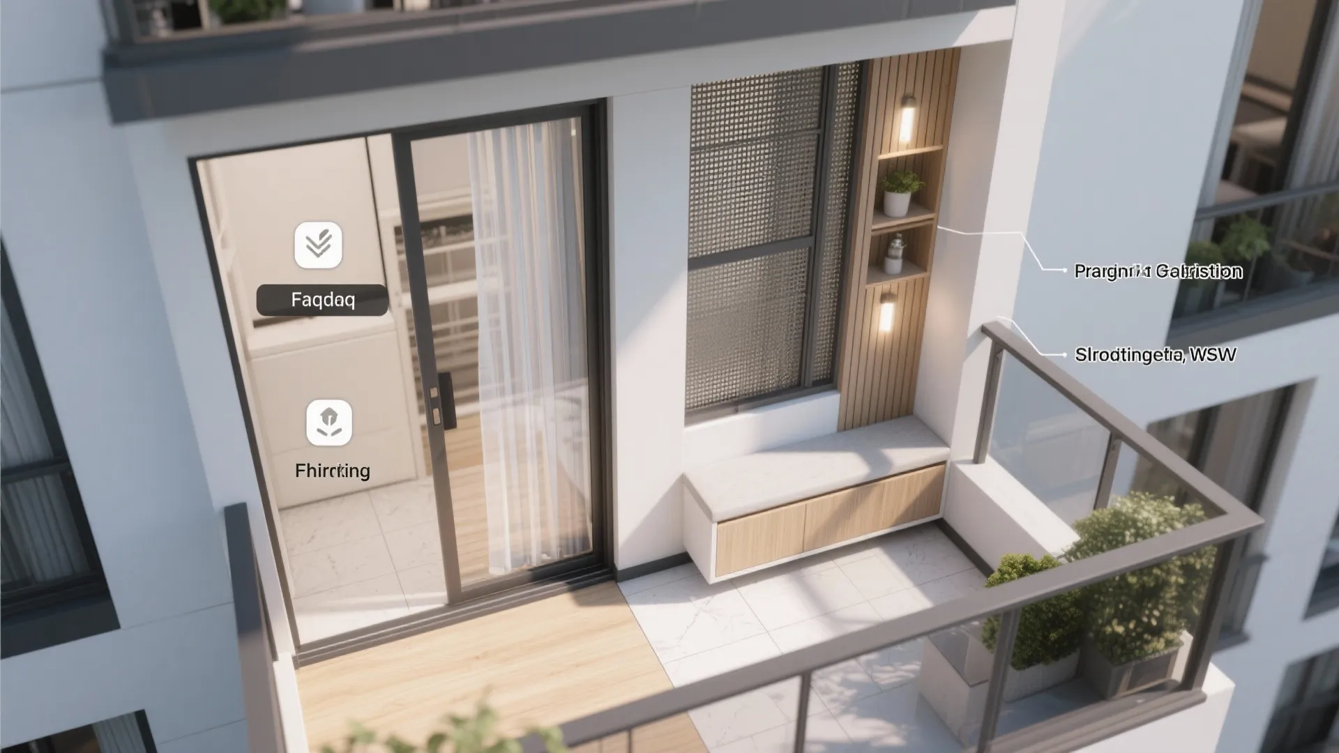 Top-down overview illustrating pocket door layout, layered privacy, storage bench, and material transitions at a balcony entrance.