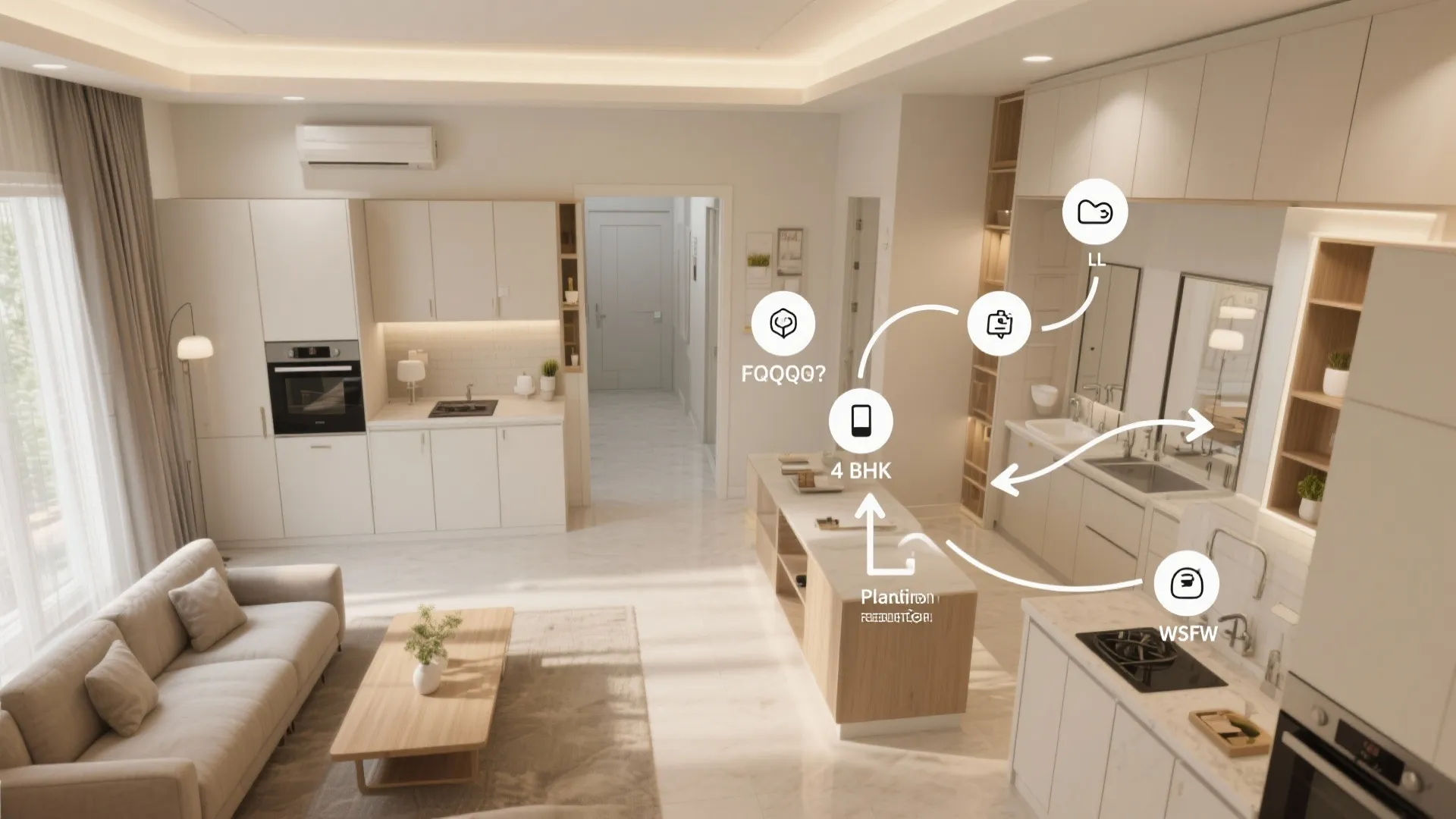 Top-down layout visuals showing L-shaped living, corridor storage, tall pantry kitchen, and wet/dry bathrooms