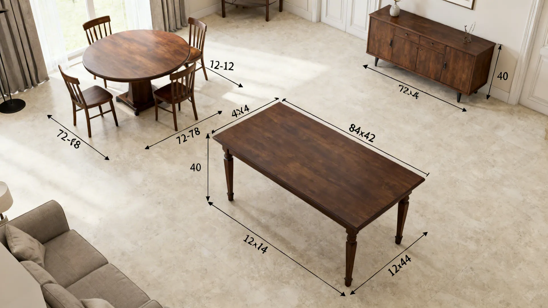 Top-down layouts comparing rectangular and round 8-seat tables with proper clearances.