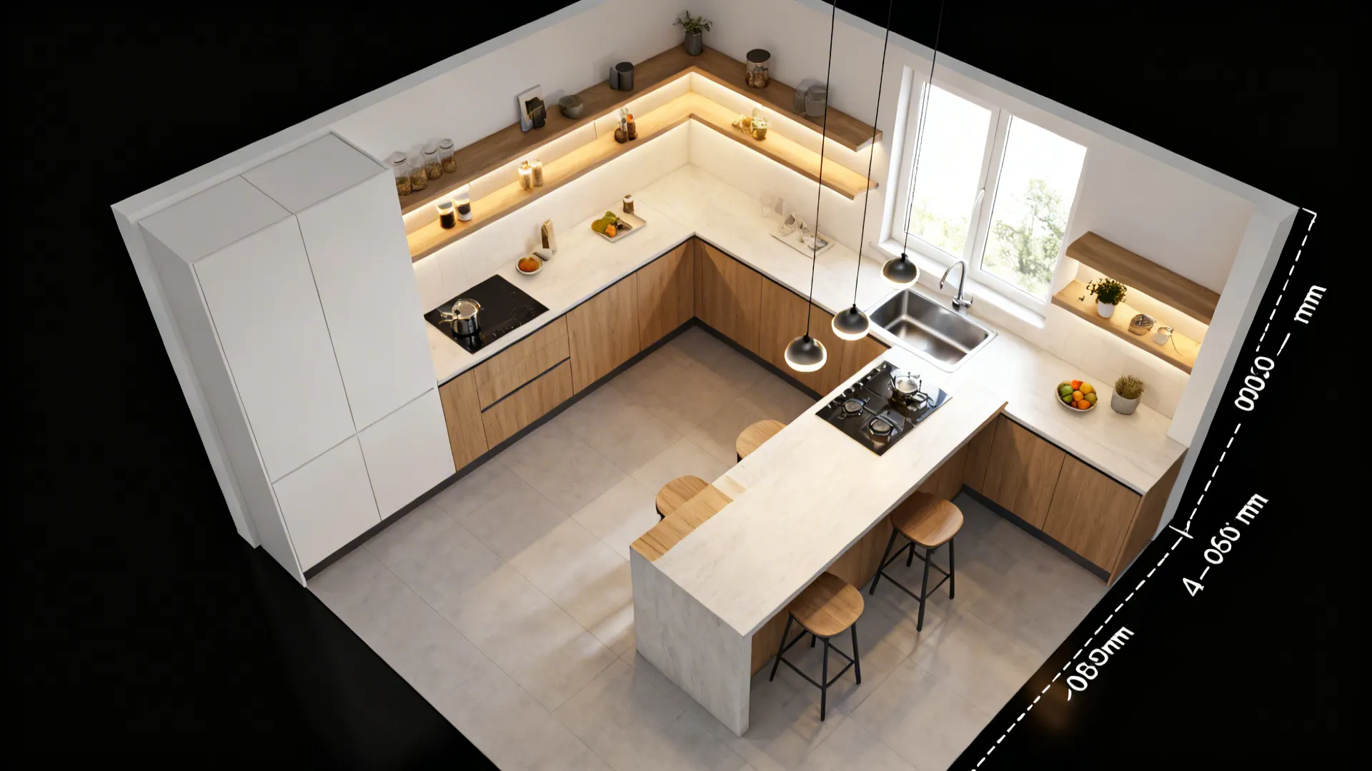 Top-down overview of compact L-shaped kitchen showing island clearances, sink near window, and seating overhang.