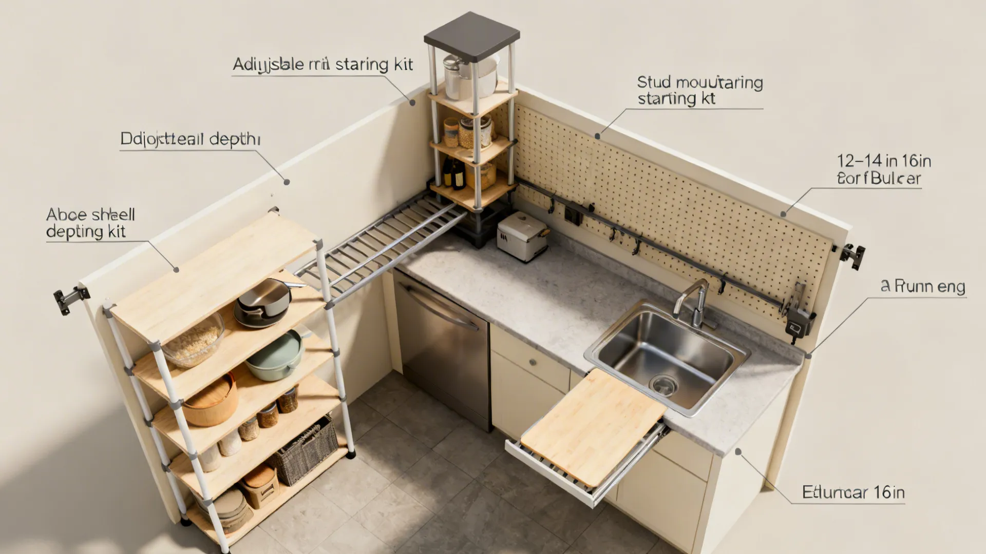 Kitchen layout design with shelves sink and pull out cutting board shown from top view angle
