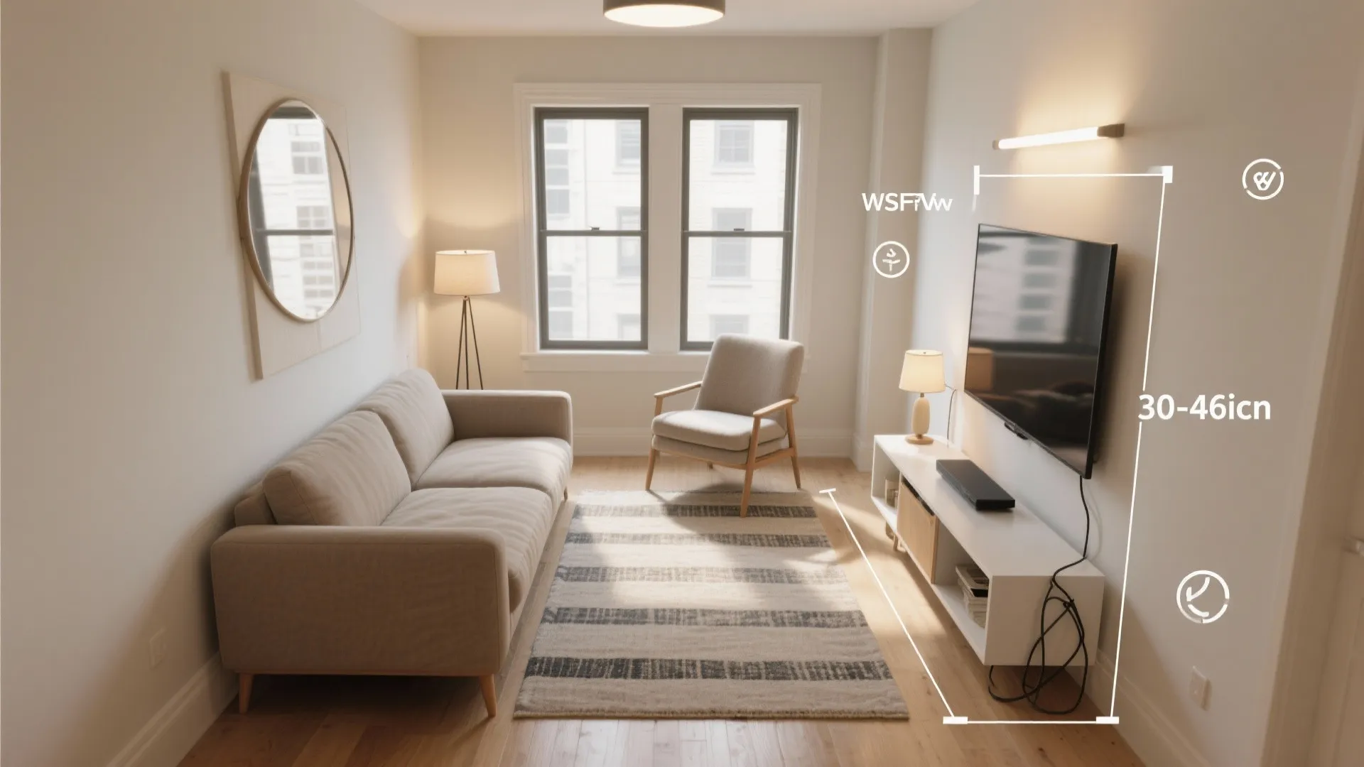 Small living room with grey sofa television cabinet rug and wall light showing measurement labels