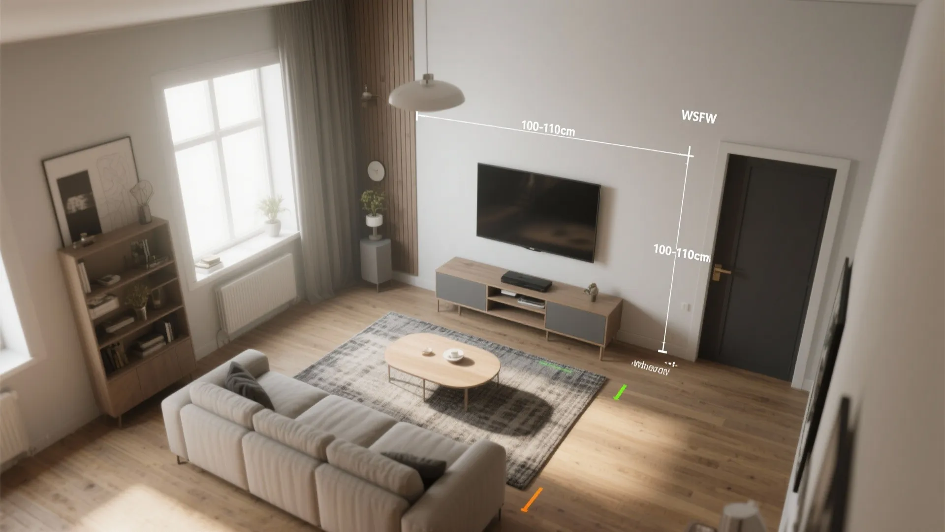 Interior design drawing showing top down living room view with sofa television and measurement lines
