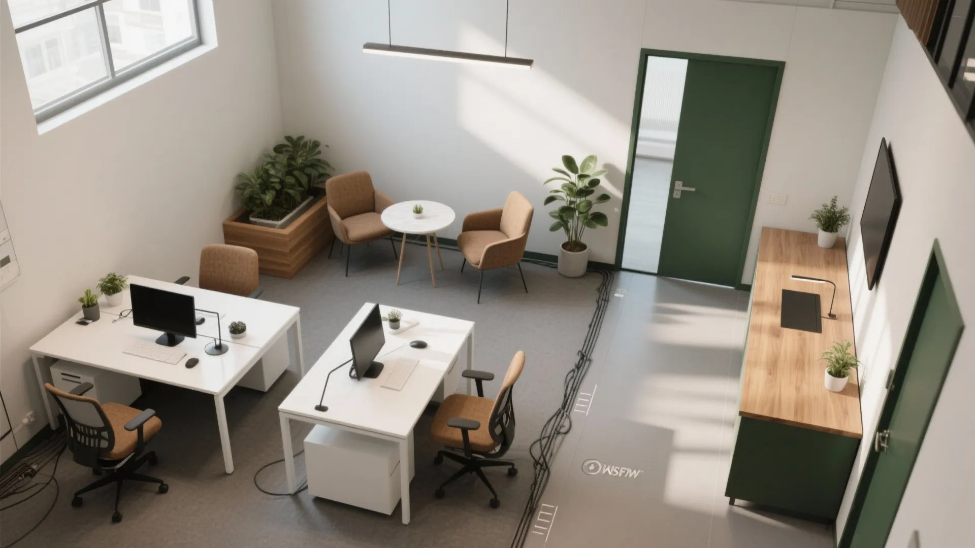 Modern office interior design drawing with white desks, green door, brown chairs, and small plants