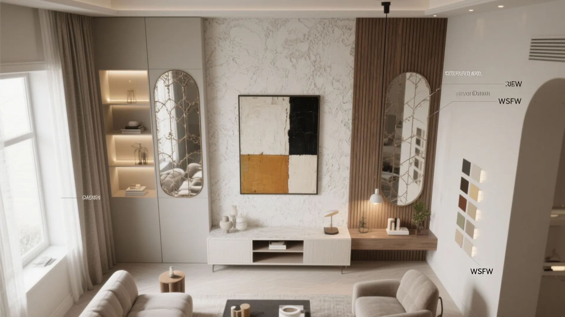 Living room interior design drawing showing a white cabinet wall with mirrors and art piece