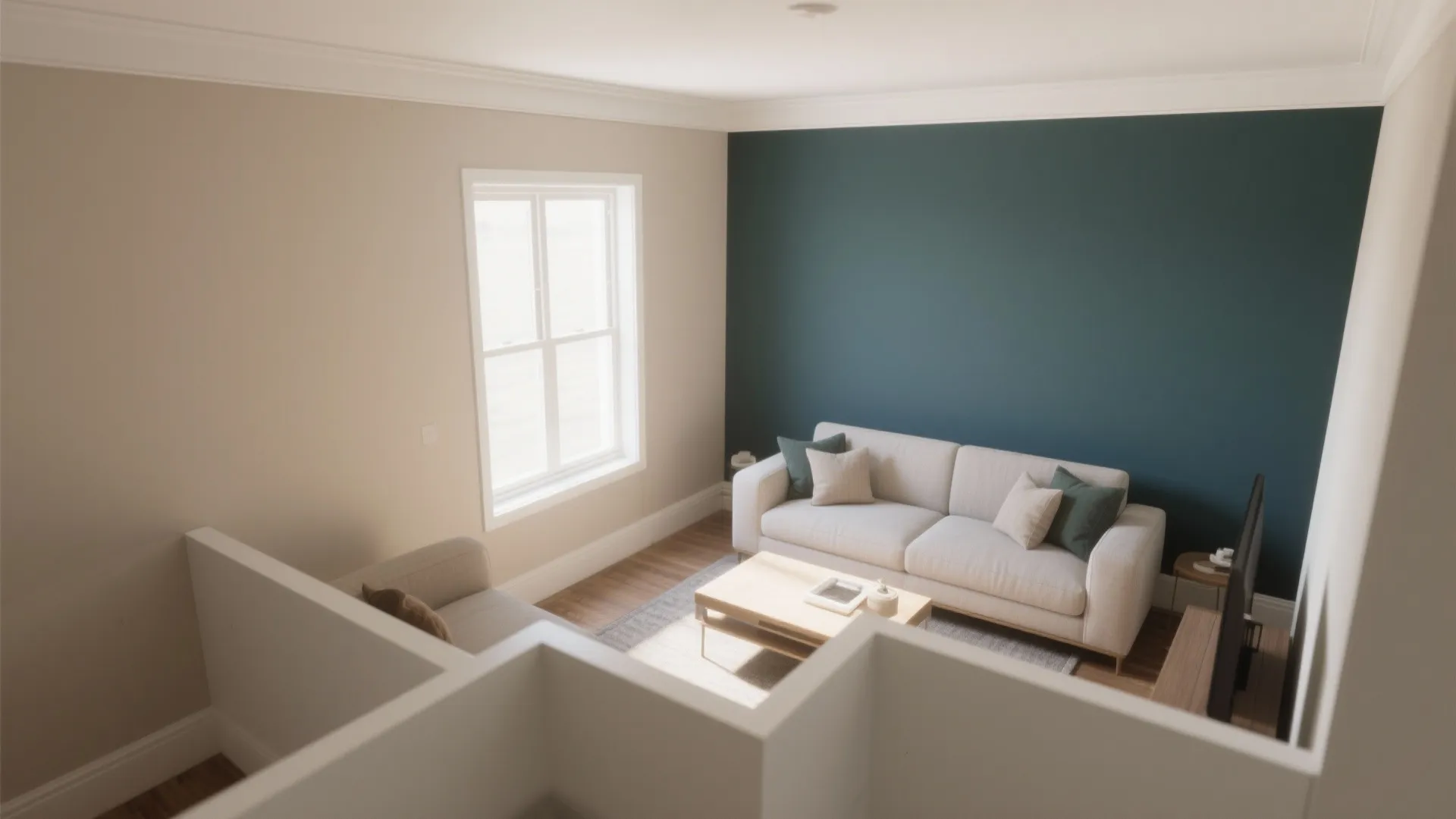 Modern living room with white sofa, dark blue wall, wooden coffee table, and natural light