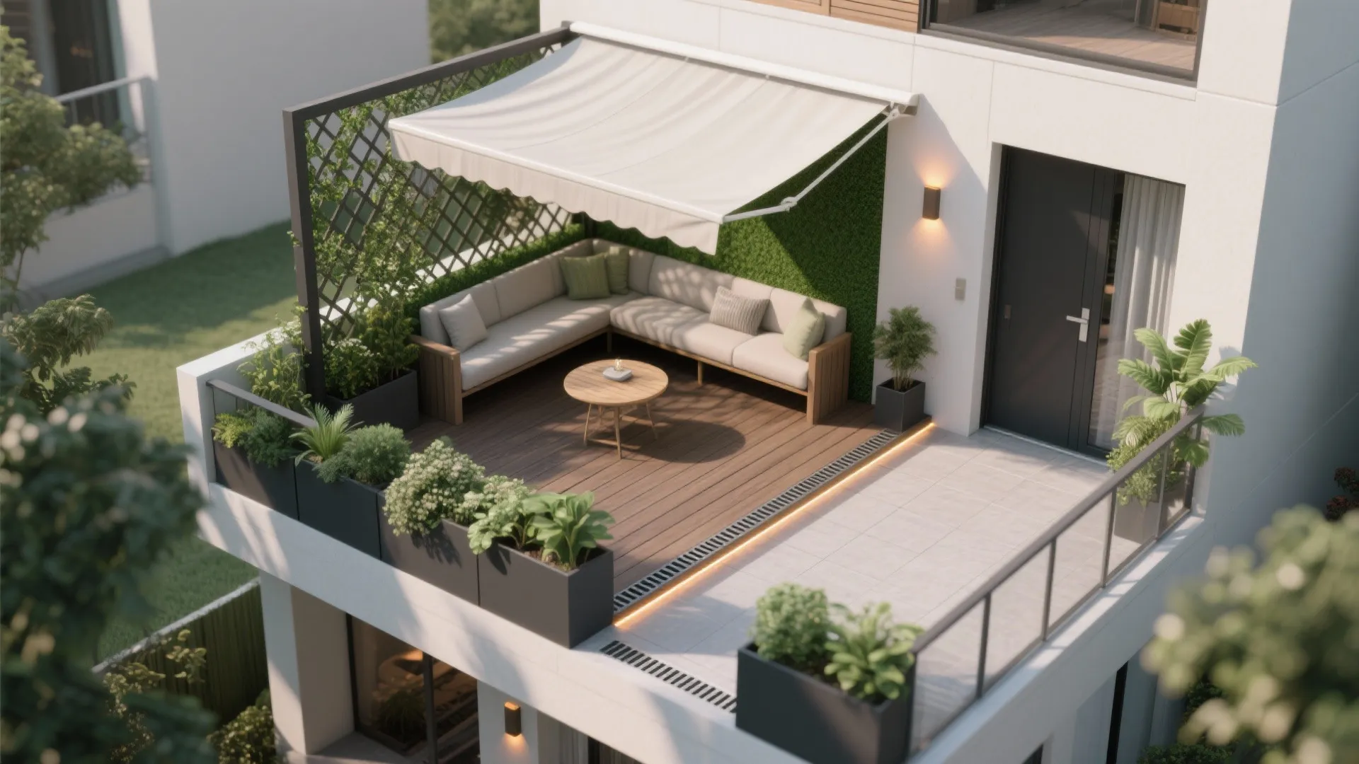Modern rooftop balcony with grey sofa wooden flooring white awning green wall and potted plants
