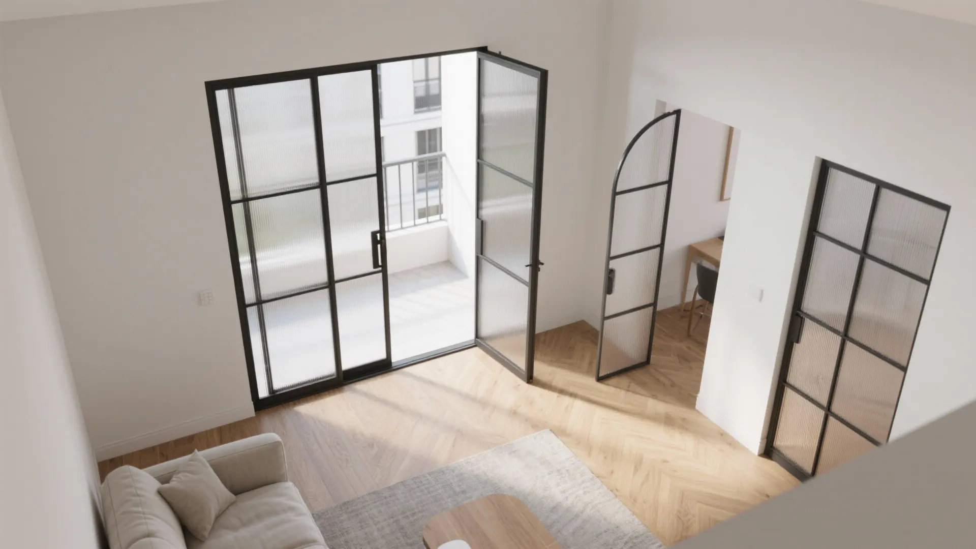 Top view of a modern apartment interior with glass doors and wooden floors throughout rooms