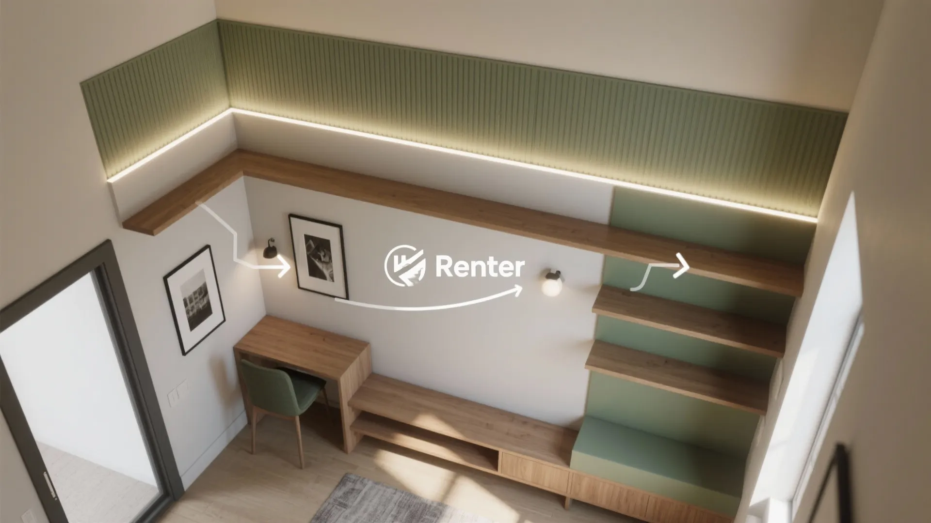 Interior design drawing showing top view of office desk green wall panel and wooden shelves