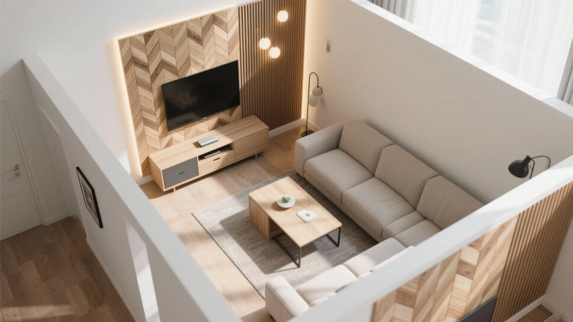 Top view of a modern living room with grey sofa wooden cabinet and television wall