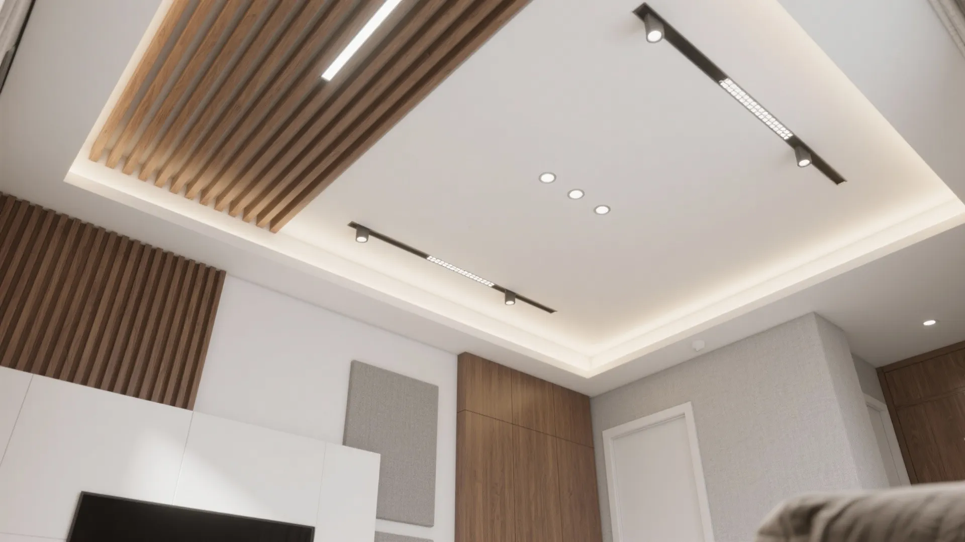 Top-down visualization of ceiling layout combining slats, tray, downlights, and acoustic panels.