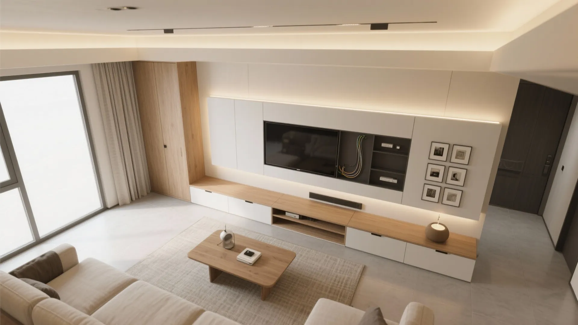Top down interior design view of living room with television wall wood furniture and rug