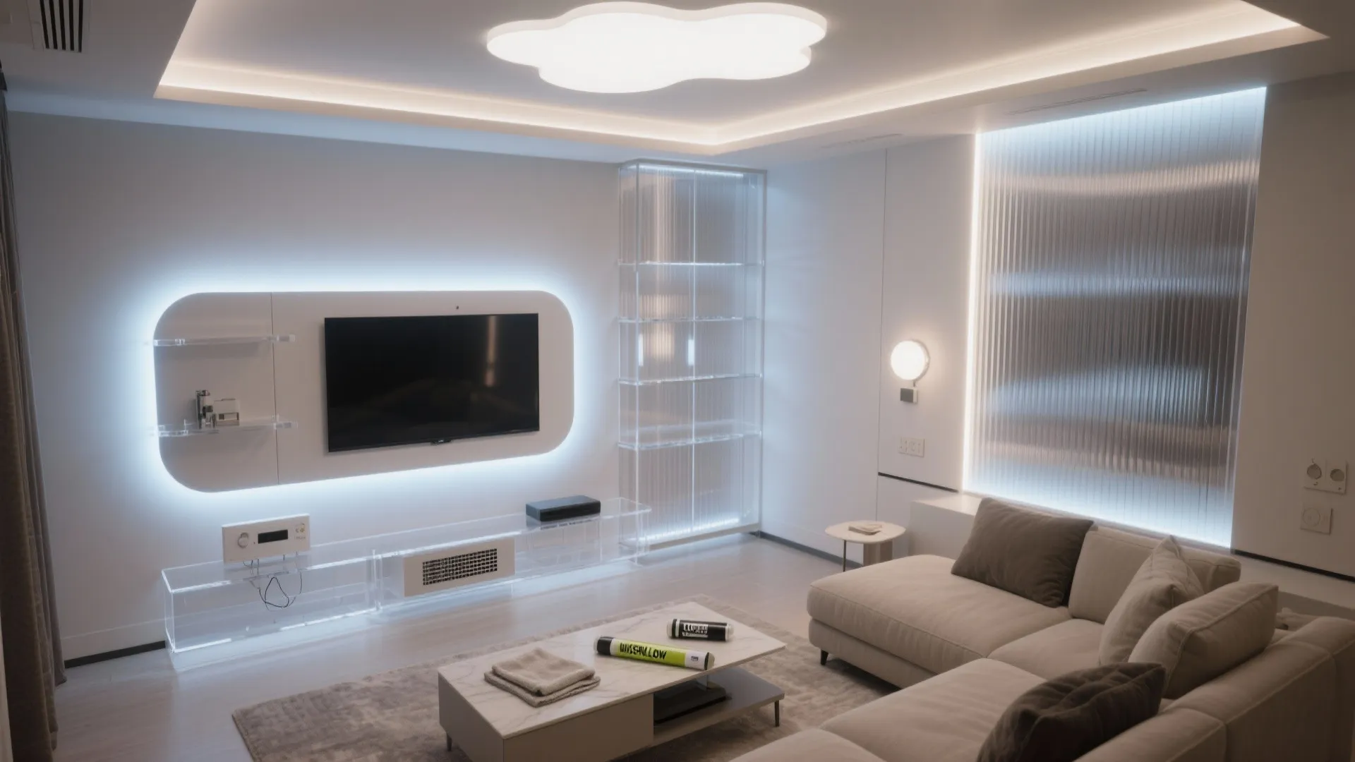 Bright living room with white sofa marble coffee table glass shelving and cloud shaped ceiling light