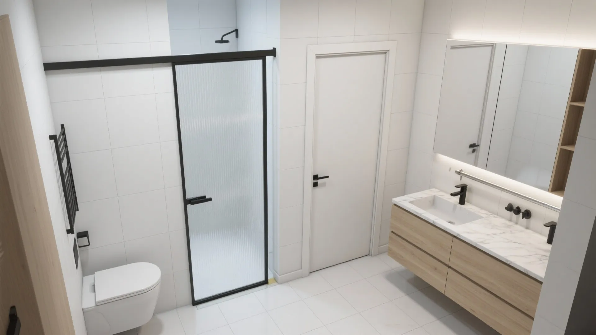 Modern white bathroom with wooden vanity marble sink glass shower door toilet and large wall mirror