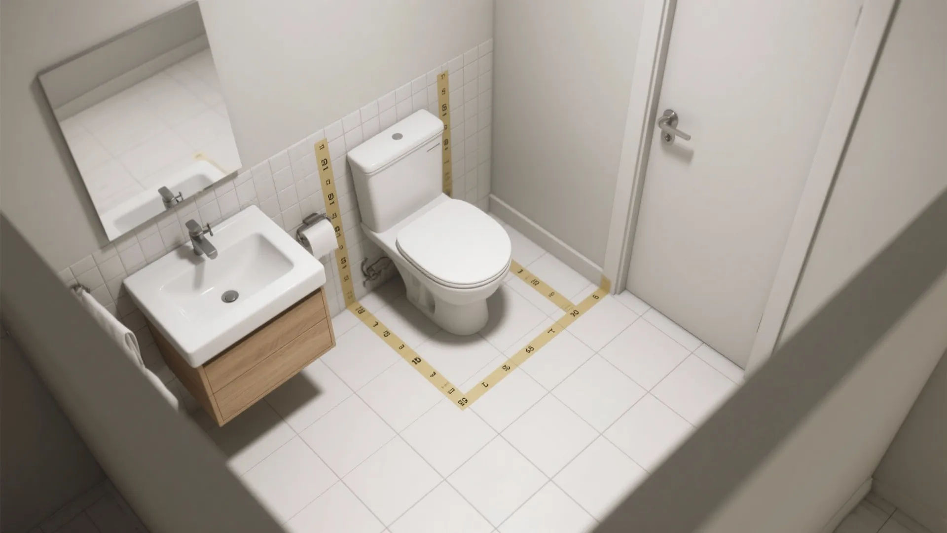 Small white bathroom with toilet sink wooden cabinet and yellow measuring tape on the floor