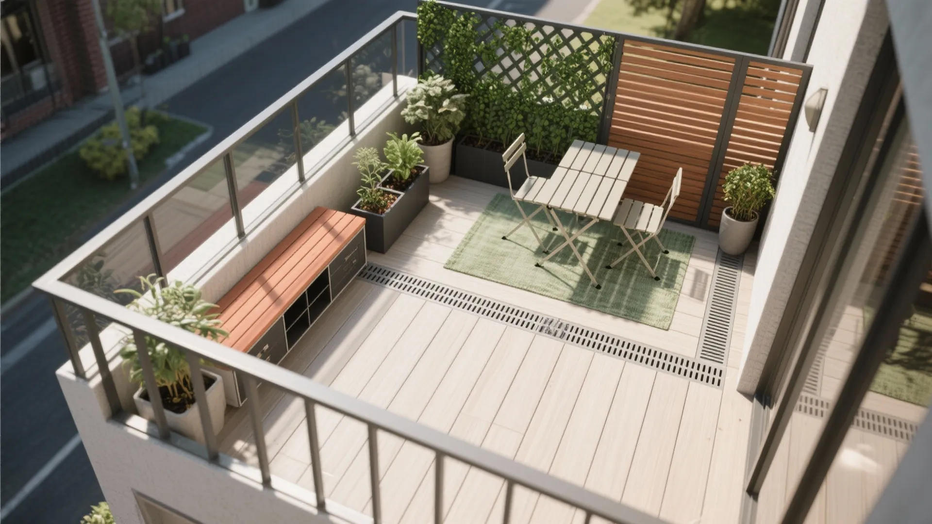 Top down view of small balcony with wooden floor white table chairs rug and green plants