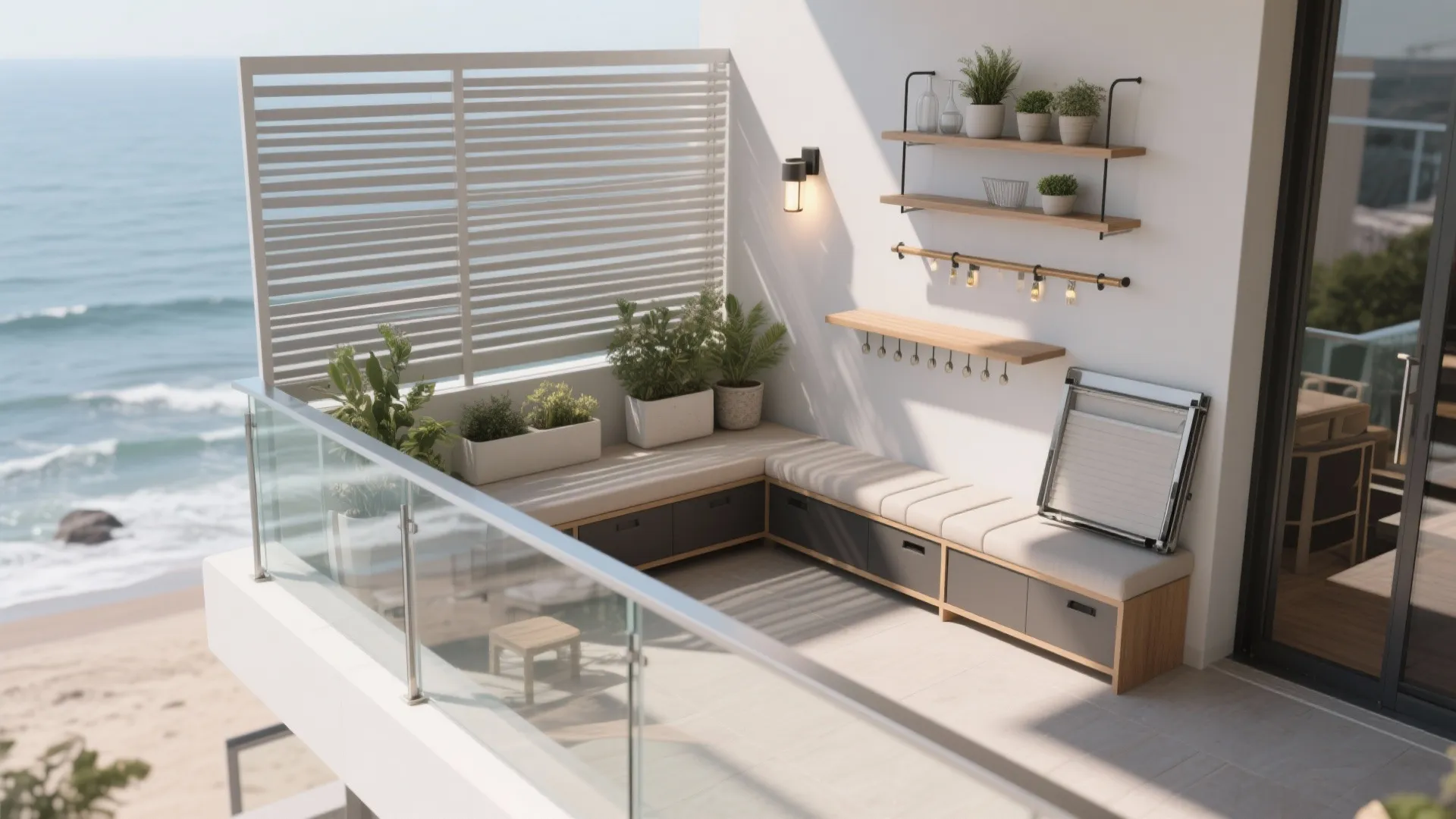 Sunlit balcony with built-in seating and plants overlooking the beach and blue ocean waves outside