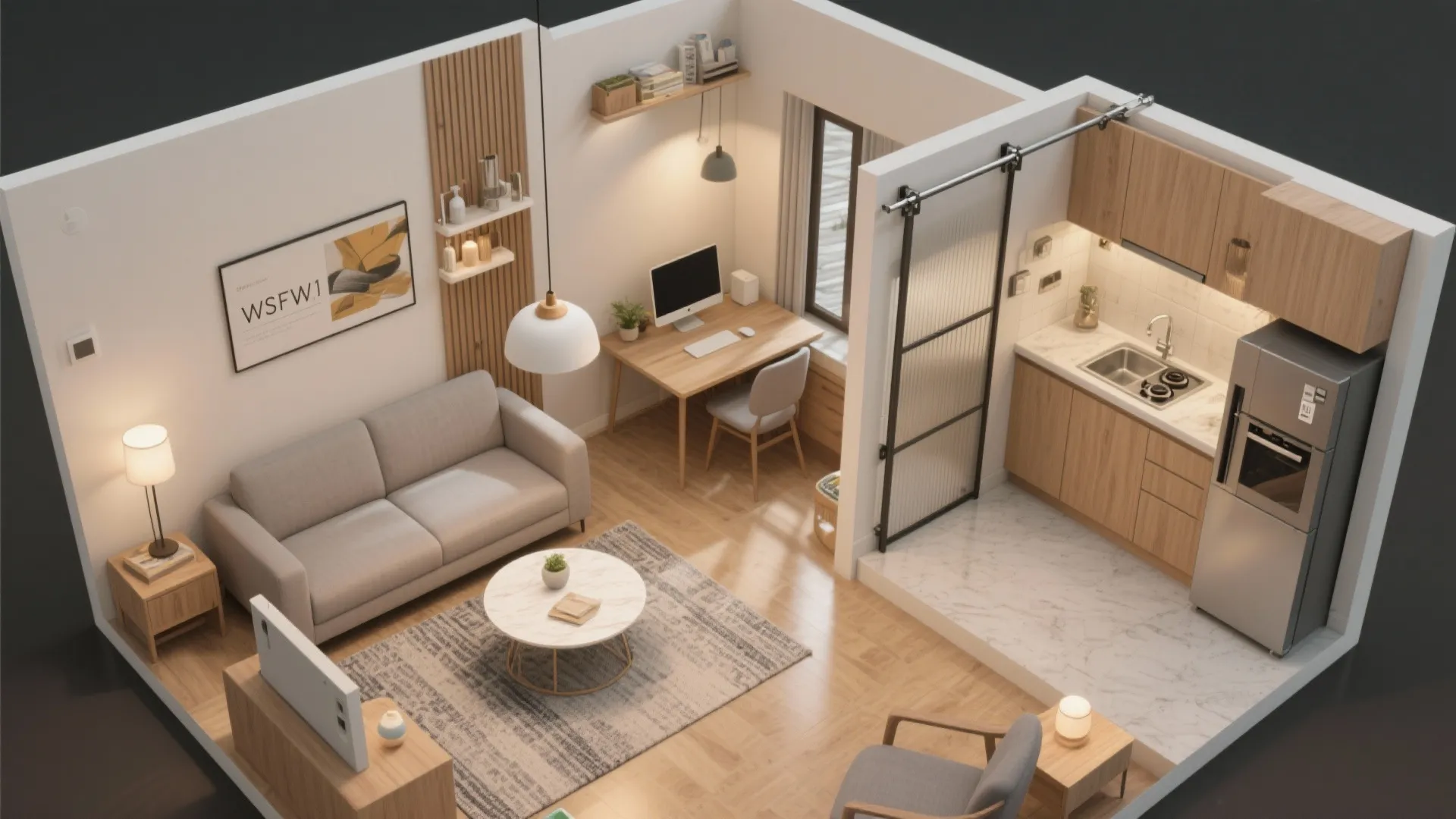 Top down interior design drawing of a studio apartment with sofa desk kitchen and wood floors