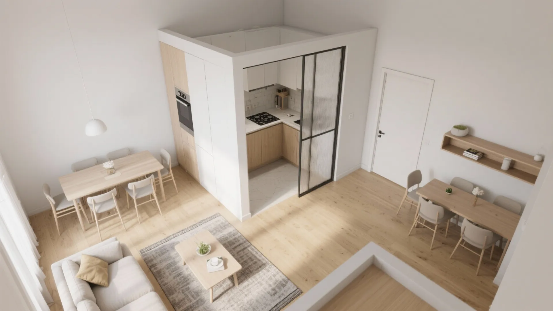 Top down interior design drawing of an open plan apartment with kitchen and dining areas