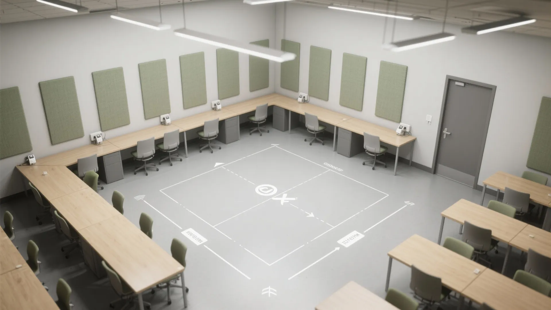 Top down view of an office room layout showing desks chairs and floor space measurements