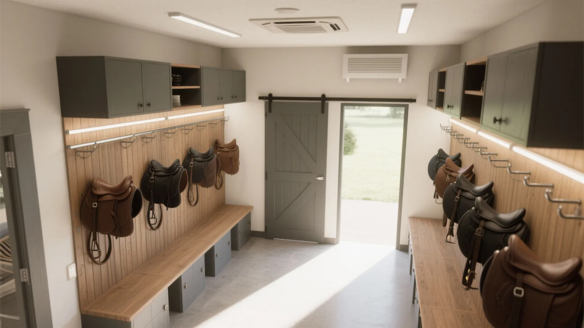 Top-down compact tack room plan showing vertical storage, shallow cabinets, sliding door and ventilation layout.