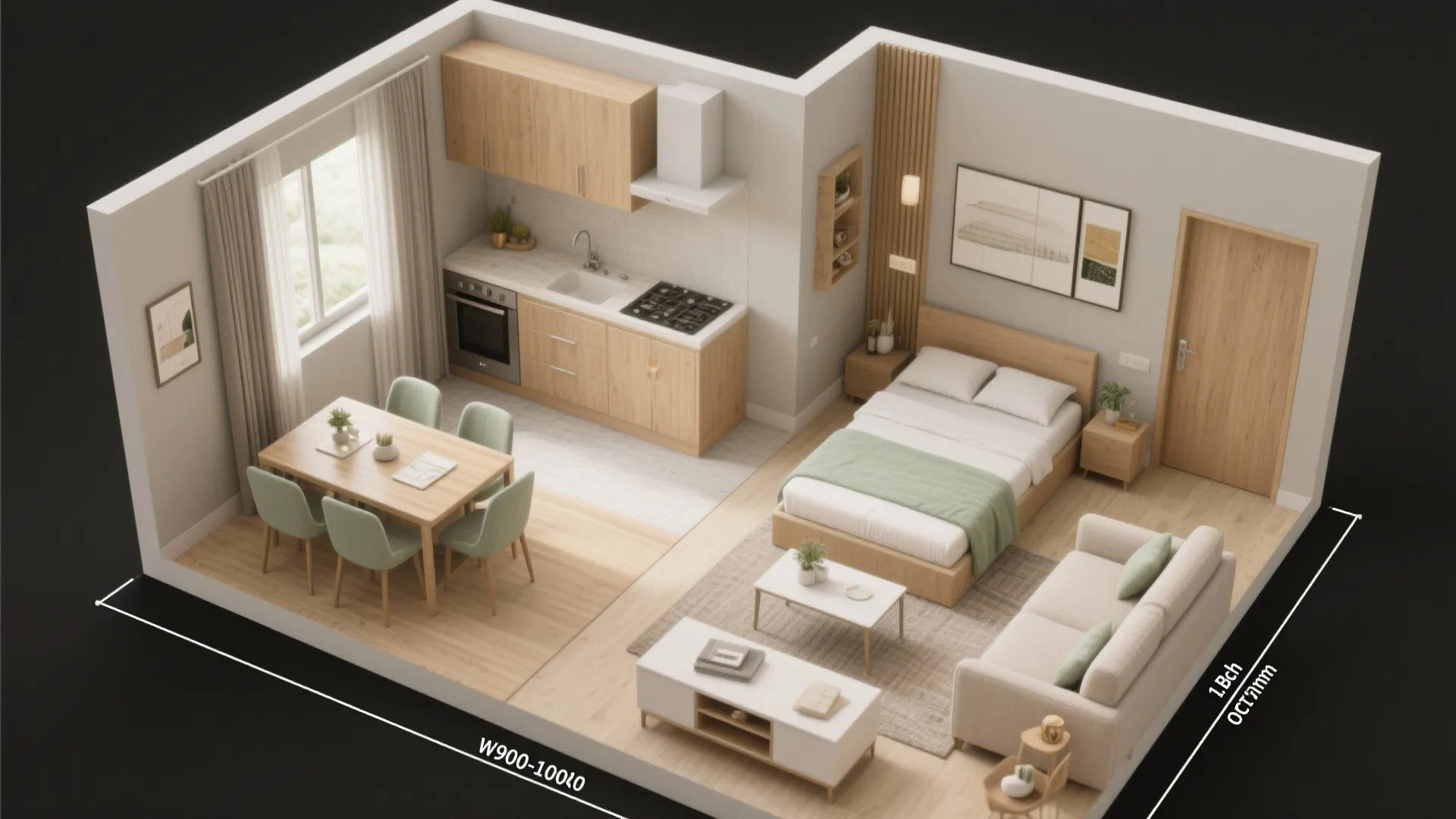 Modern studio interior design drawing with wooden cabinets living room bed and small dining area