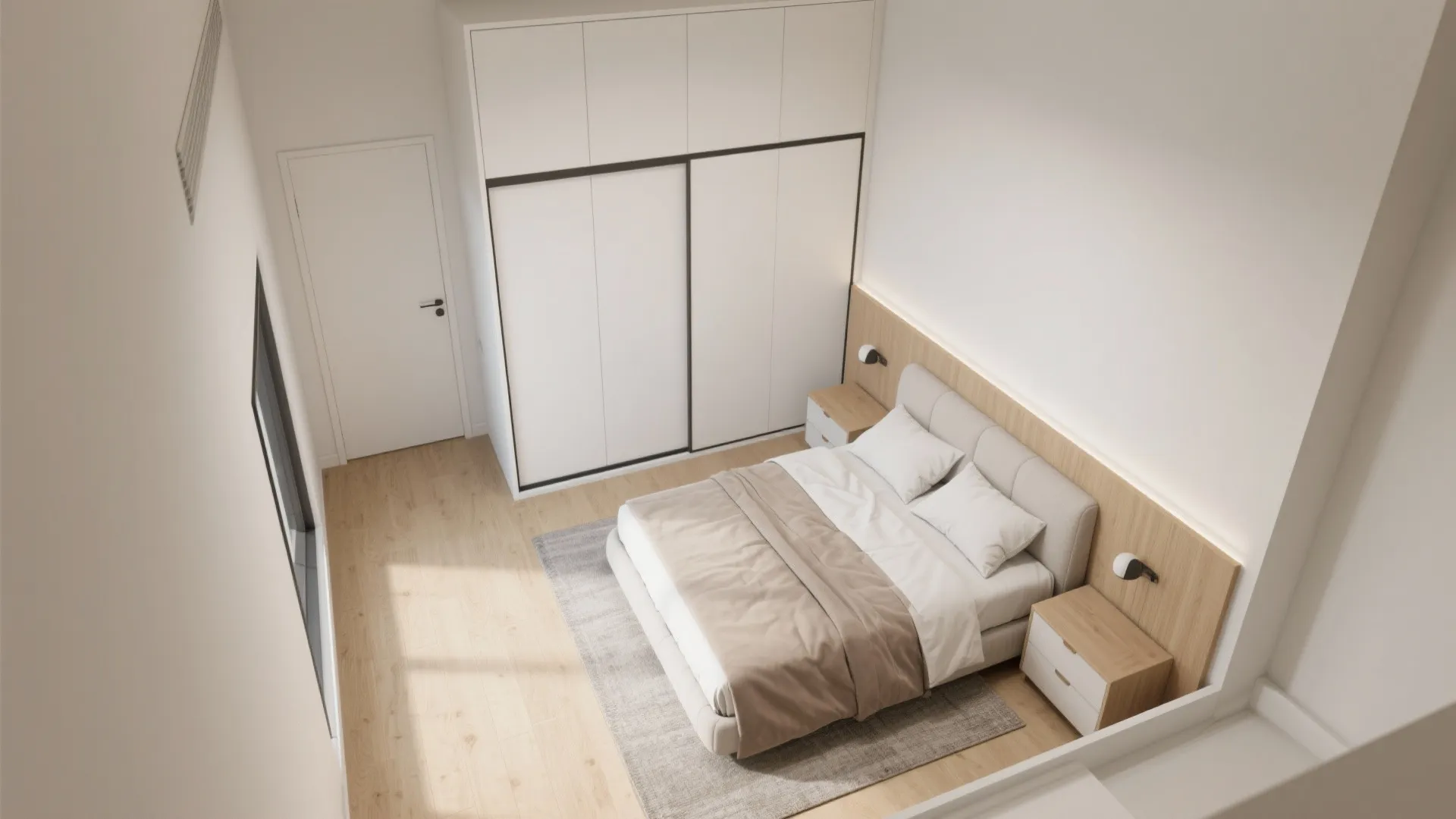 Modern white bedroom interior design with large cabinet wooden floor grey rug and bedside tables